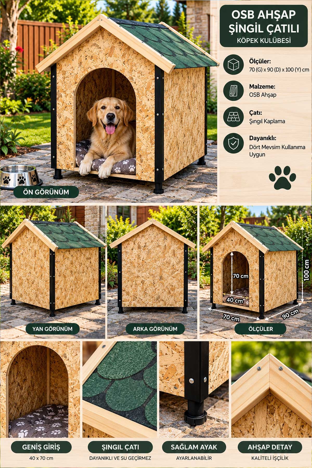 Msay Büyük Boy Köpek Barınağı, Sıcak ve Soğuya Dayanıklı Köpek Kulübesi, Köpek Evi OSB Ahşap Şıngıl Çatılı 70x90x100 cm (Demonte Gönderim)