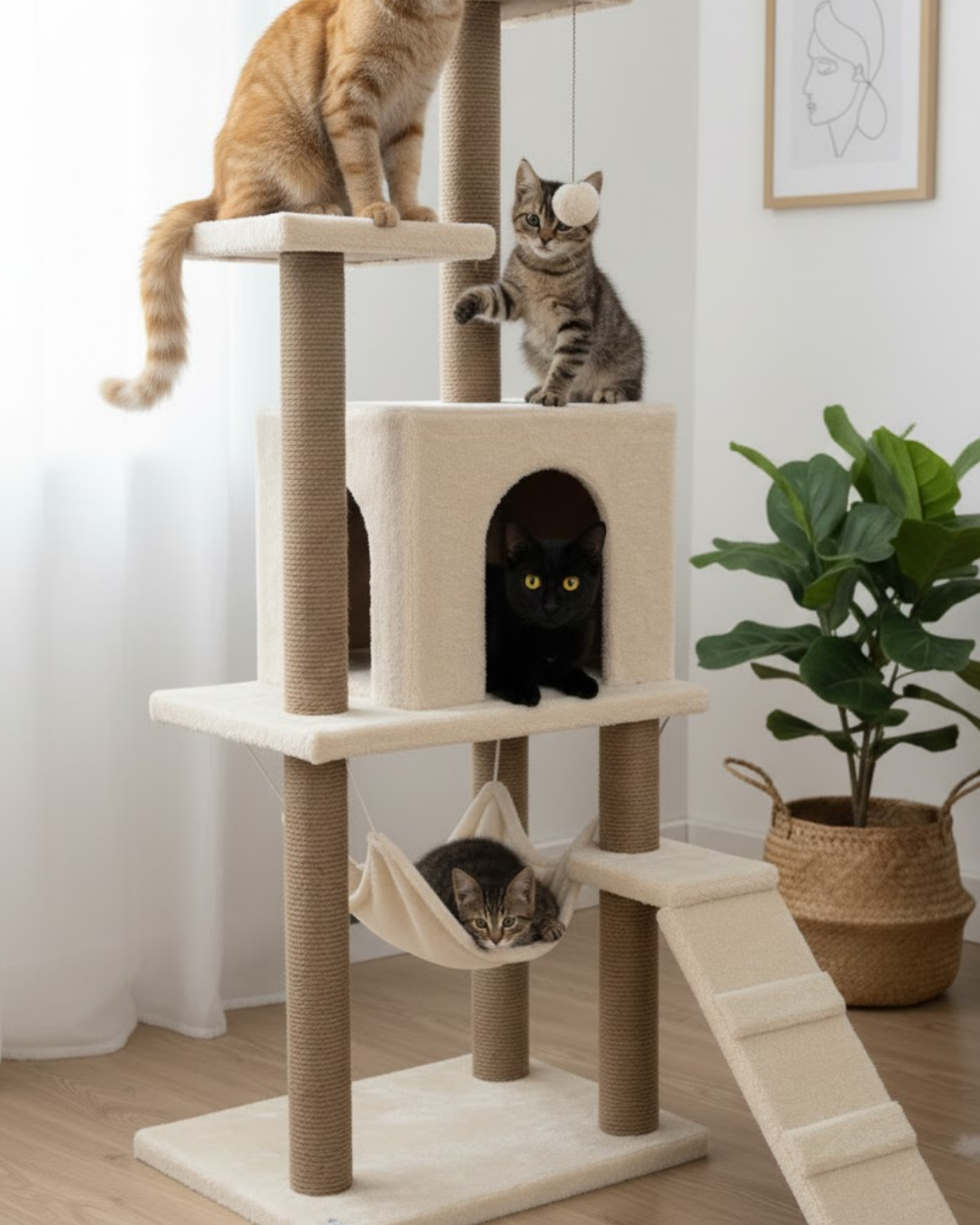 Reyo Pet B-07 Hamaklı Yuvalı Lüx Kedi Tırmalama Oyun Evi Beyaz
