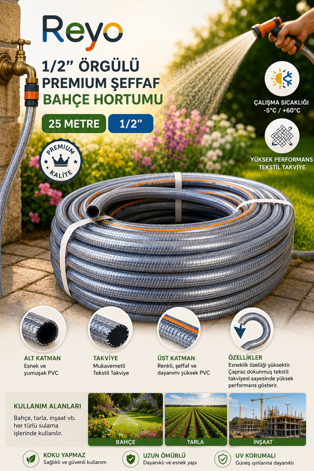 Reyo 1/2'' Örgülü Premium Şeffaf Bahçe Hortumu 25 Metre 