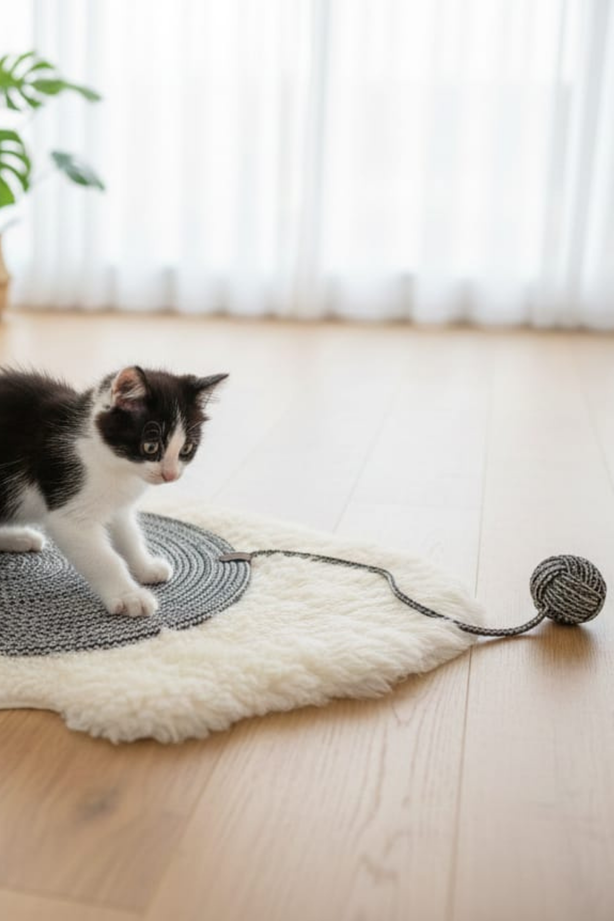 Reyo Pet El Yapımı Oyuncaklı Kedi Tırmalama Matı Tress İpli Siyah-Beyaz