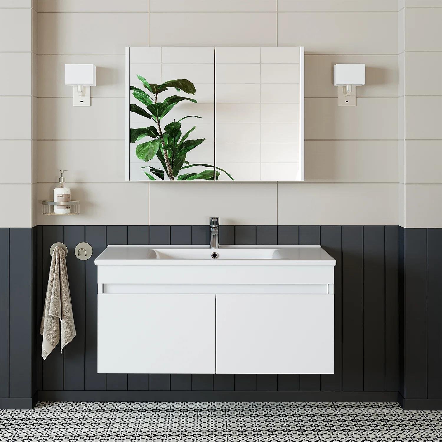 Roomart Al3 Ayaksız 2 Kapaklı Lavabolu Mdf 65 Cm Banyo Dolabı Aynalı Üst Dolabı Atlas Çam-Beyaz