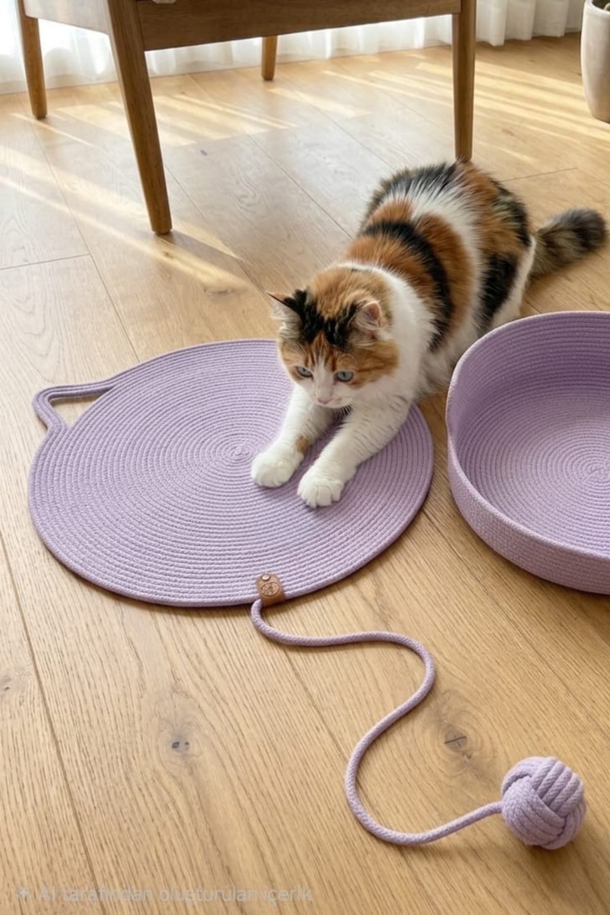 Reyo Pet El Yapımı Oyuncaklı Kedi Tırmalama Matı Tress İpli Lila