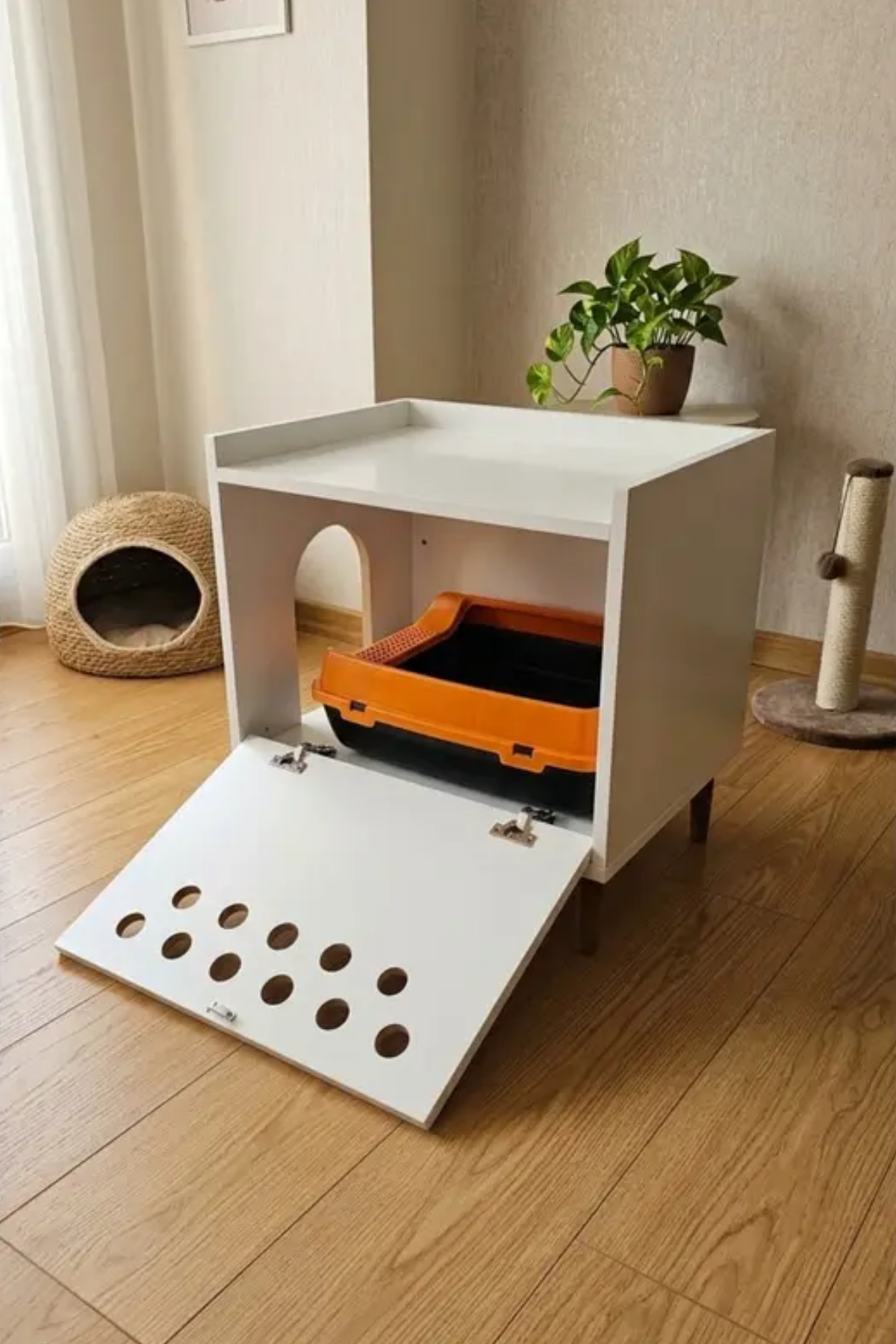 Reyo Pet Alba Dekoratif Kapalı Kedi Tuvaleti Mobilyası – Beyaz, Ahşap Ayaklı Kedi Tuvaleti