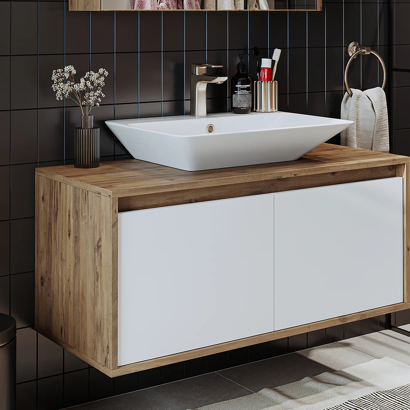 RoomArt Banos Banyo Tm7.2 Ayaksız 2 Kapaklı Lavabolu Ahşap-Mat Beyaz Mdf 65 cm Banyo Dolabı + Aynalı Banyo Üst Dolabı