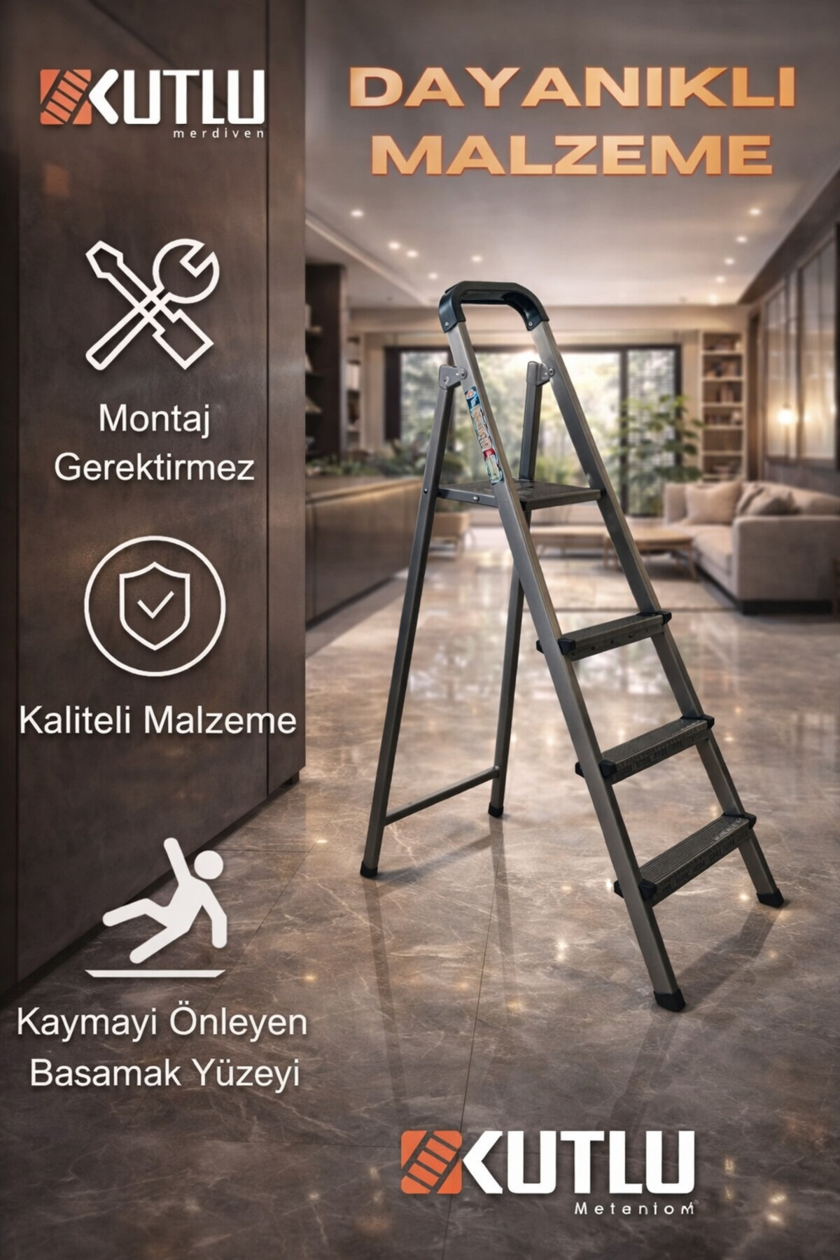 Reyo Kutlu Dayanıklı 3+1 Metal Basamaklı Katlanır Merdiven – Kaymaz Basamaklı Ev Tipi Portatif Merdiven