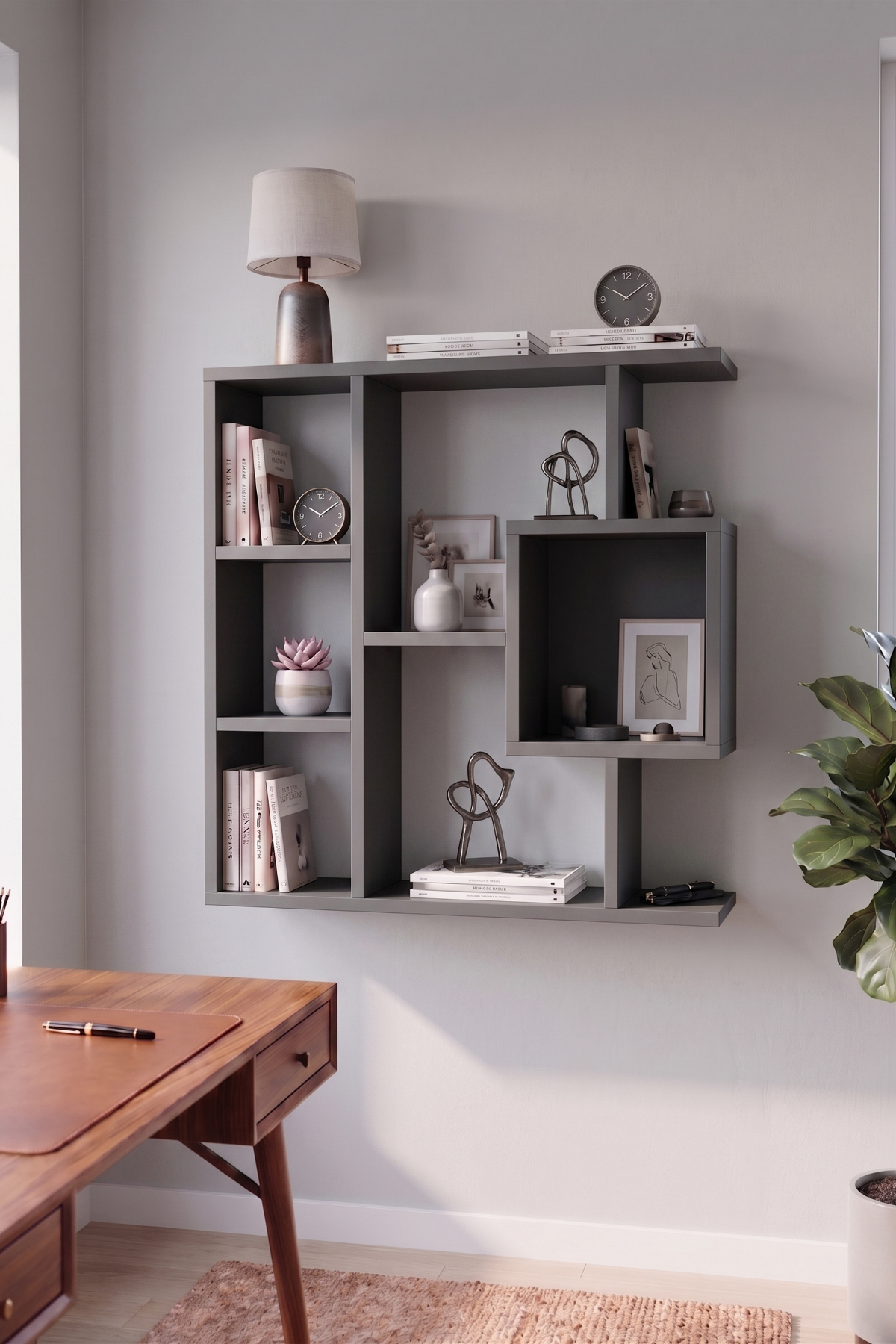 Enda Home Yegane Duvar Rafı, Duvar Kitaplığı, Dekoratif Kitaplık, Modern Kitaplık, Zeminde veya Duvarda Kullanıma Uygun Antrasit