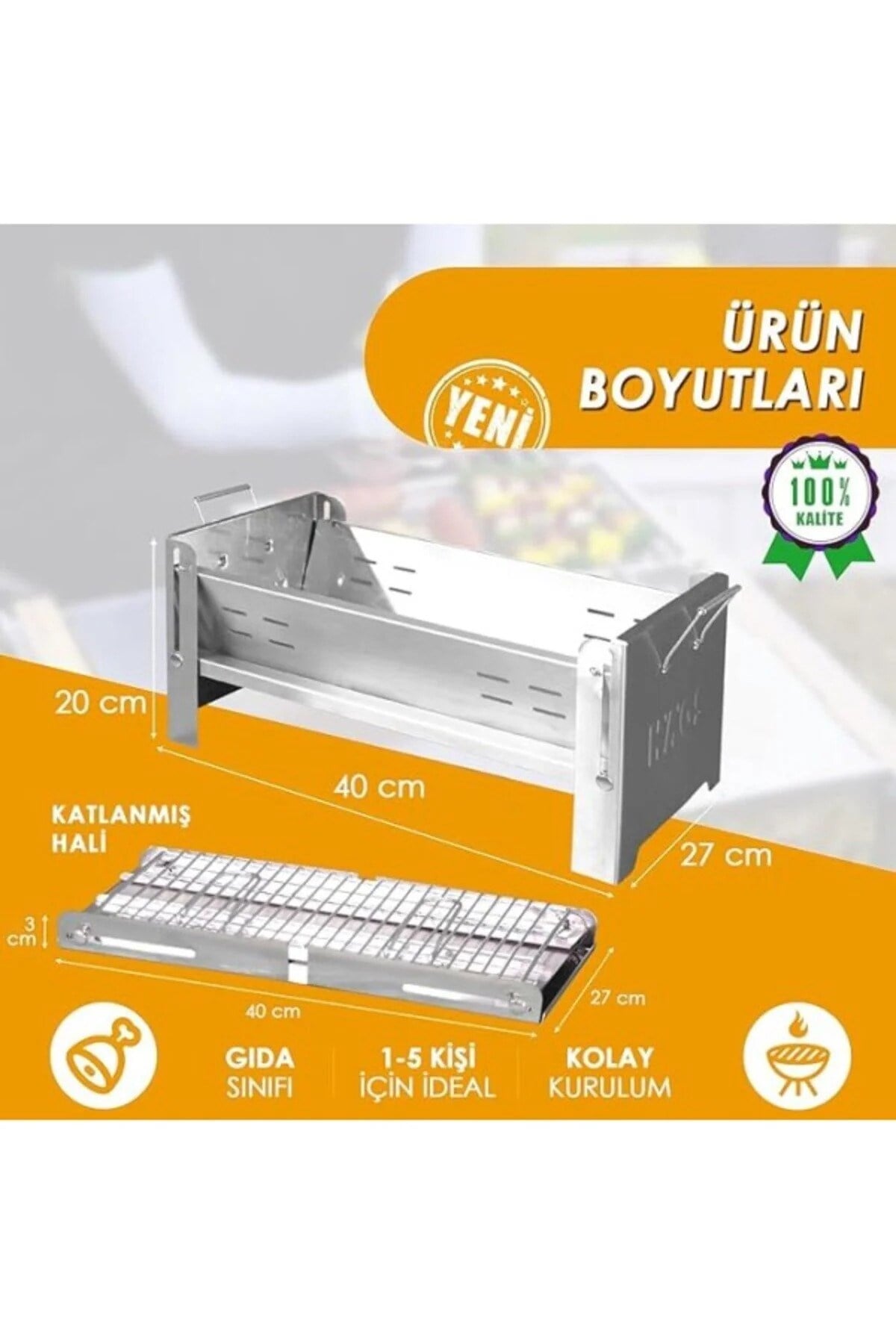Haegs Katlanır Mangal, Paslanmaz Çelik Krom, Barbekü Kömür Mangalı, Izgaralı, Portatif taşınabilir Pratik Mangal