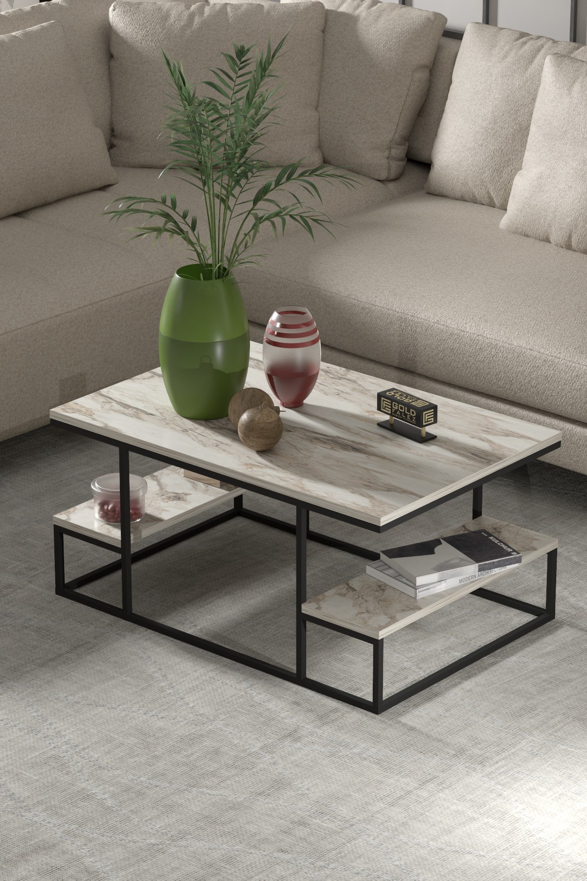 Reyo Falez Deluxe Raflı Orta Sehpa 60x90 cm Modern Dikdörtgen Orta Sehpa Mermer Desen