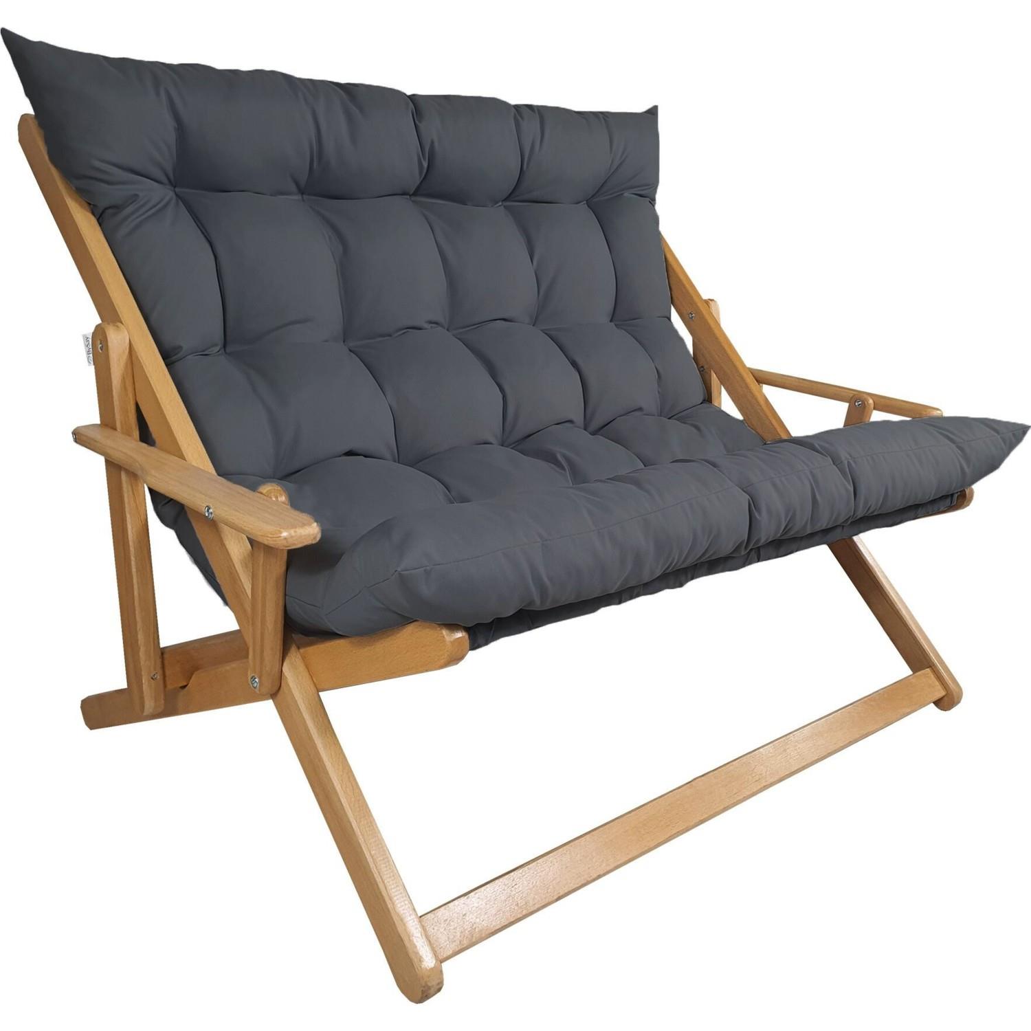 Bysay Ahşap Katlanabilir Taşınır Puf Minderli Ikili Kollu Şezlong. Ikili Koltuk (Antrasit)