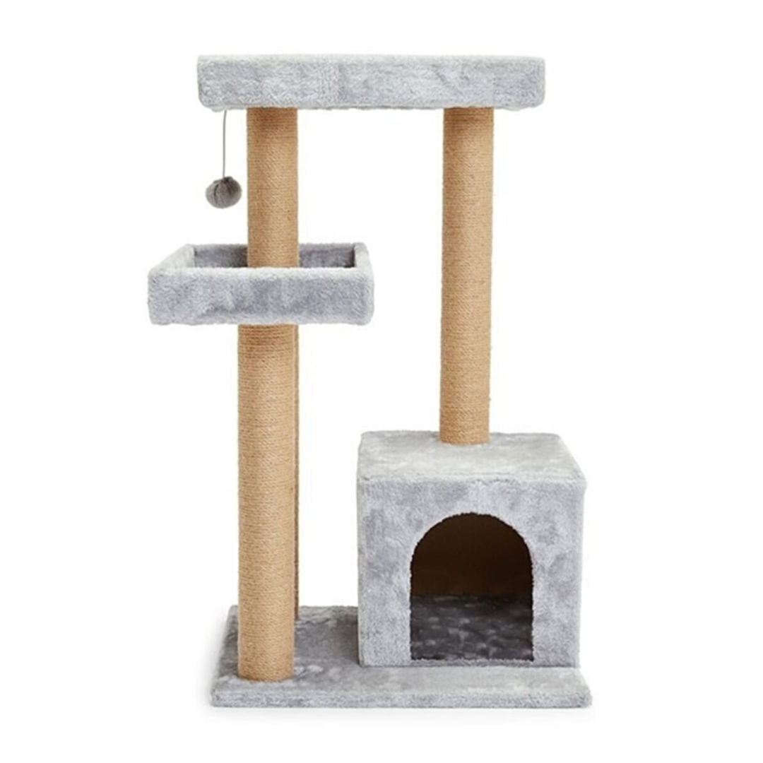 Reyo Pet Kulübeli Çift Teraslı Kedi Tırmalaması Gri