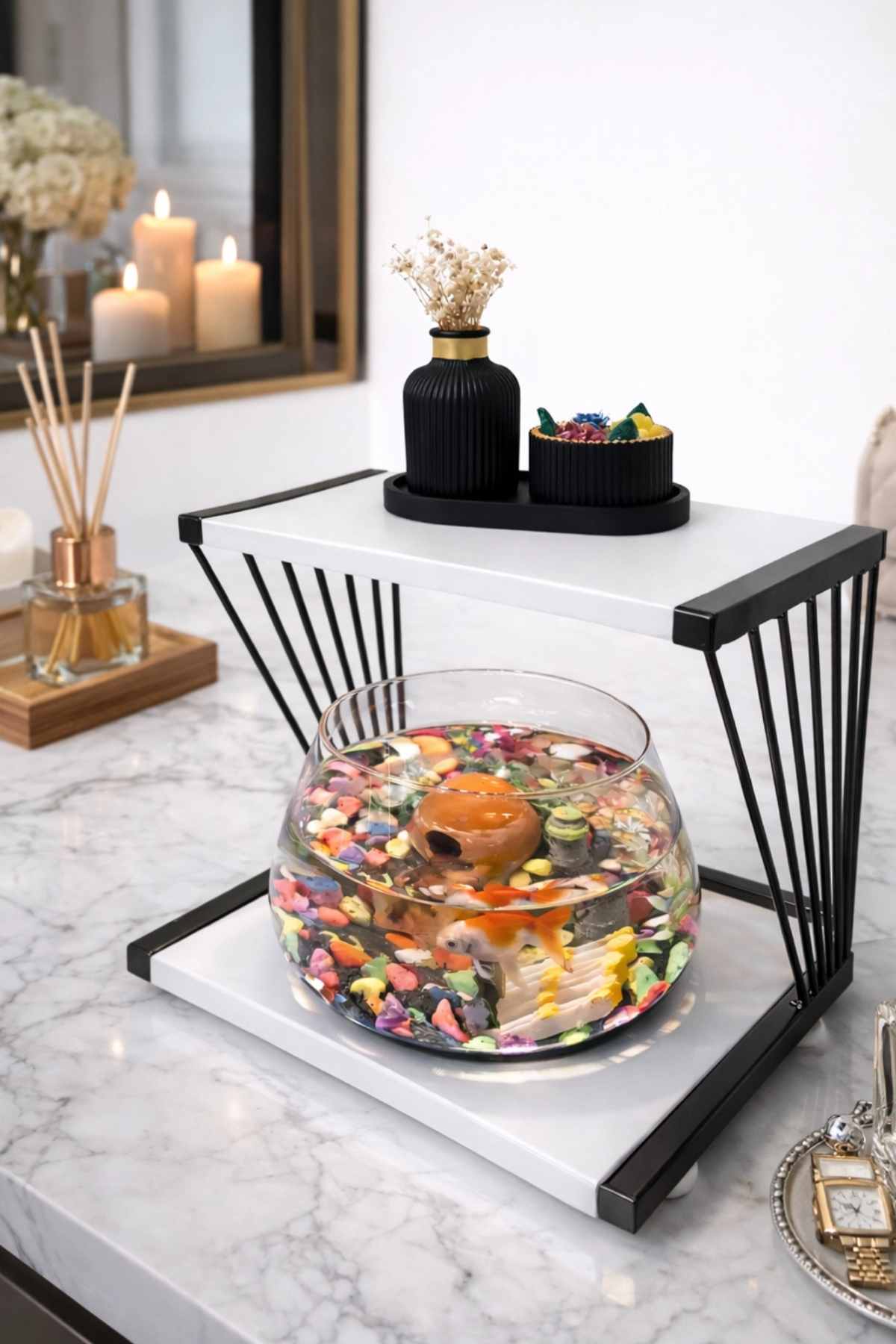 Reyo OK-AY Store Exclusive Işıklı Beta Akvaryum ve Fanus Modern Tasarım LED Aydınlatmalı Modern Temalı Fanus Siyah-Beyaz