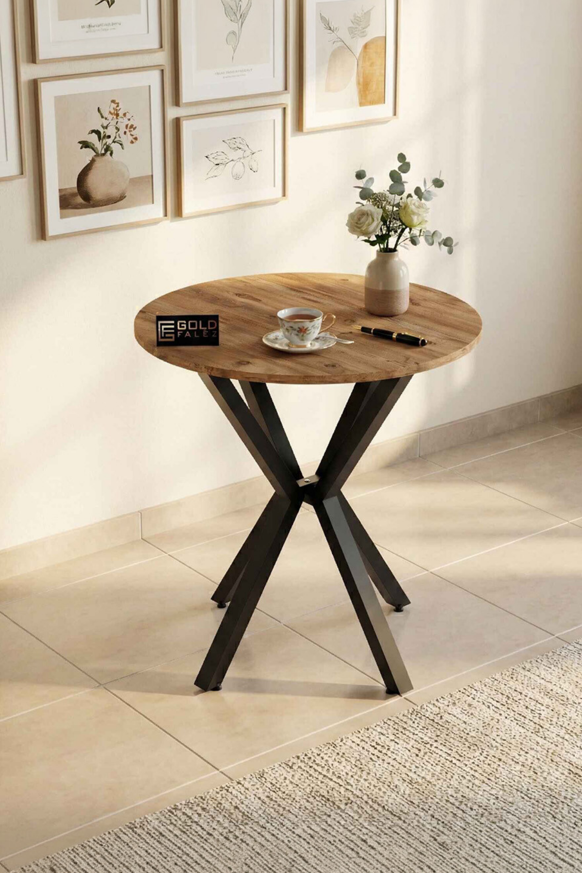Reyo Falez 70 cm Yuvarlak Mutfak Masası Metal Ayaklı Modern Yemek Balkon Bahçe Kafe Masası Atlantik Çam 9820