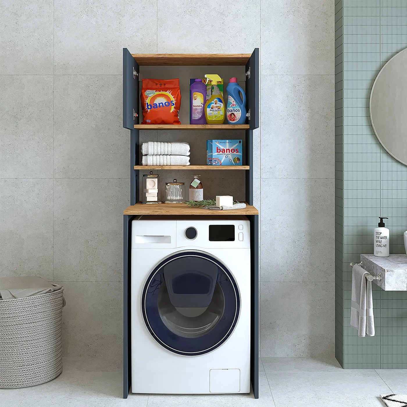 RoomArt Banos Banyo Lavabolu Mat Antrasit-Ahşap Mdf 65 cCm Banyo Dolabı + Aynalı Banyo Üst Dolabı + Banyo Boy Dolabı