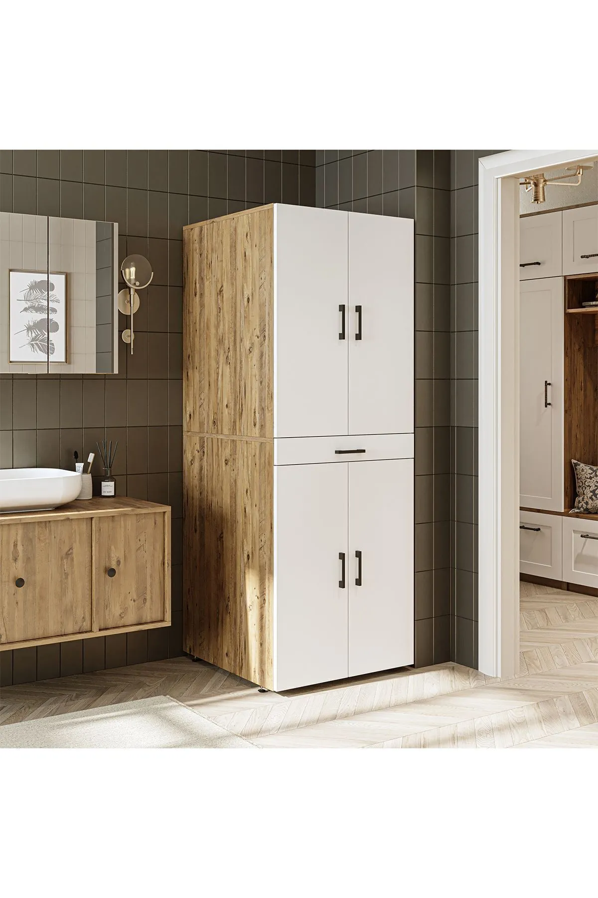 RoomArt Banyo Dolabı Kapaklı Çamaşır Ve Kurutma Makinesi Dolabı 70x185 cm Atlantik Çam - Mat Beyaz