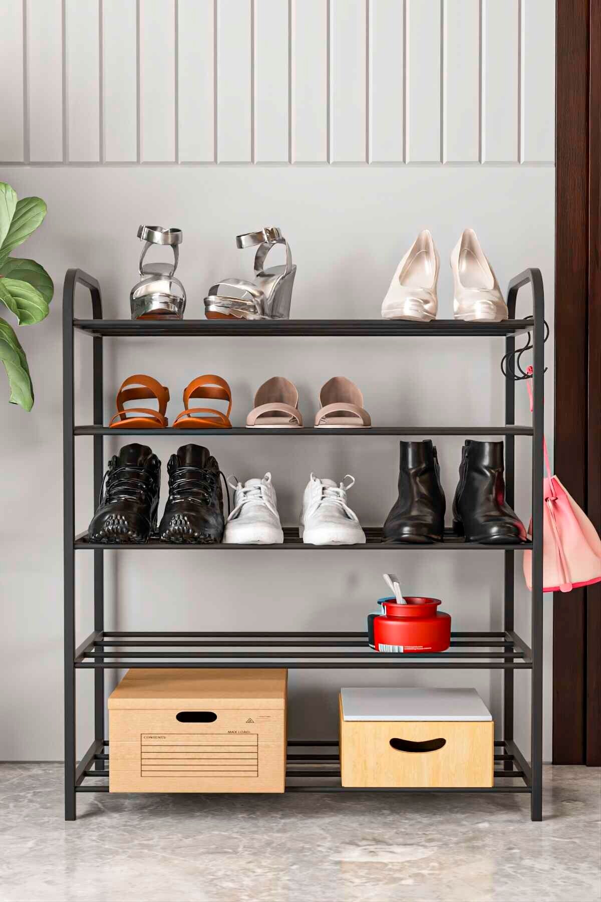 Reyo Falez 5 Raflı Metal Ayakkabılık-Çok Amaçlı Raf Siyah