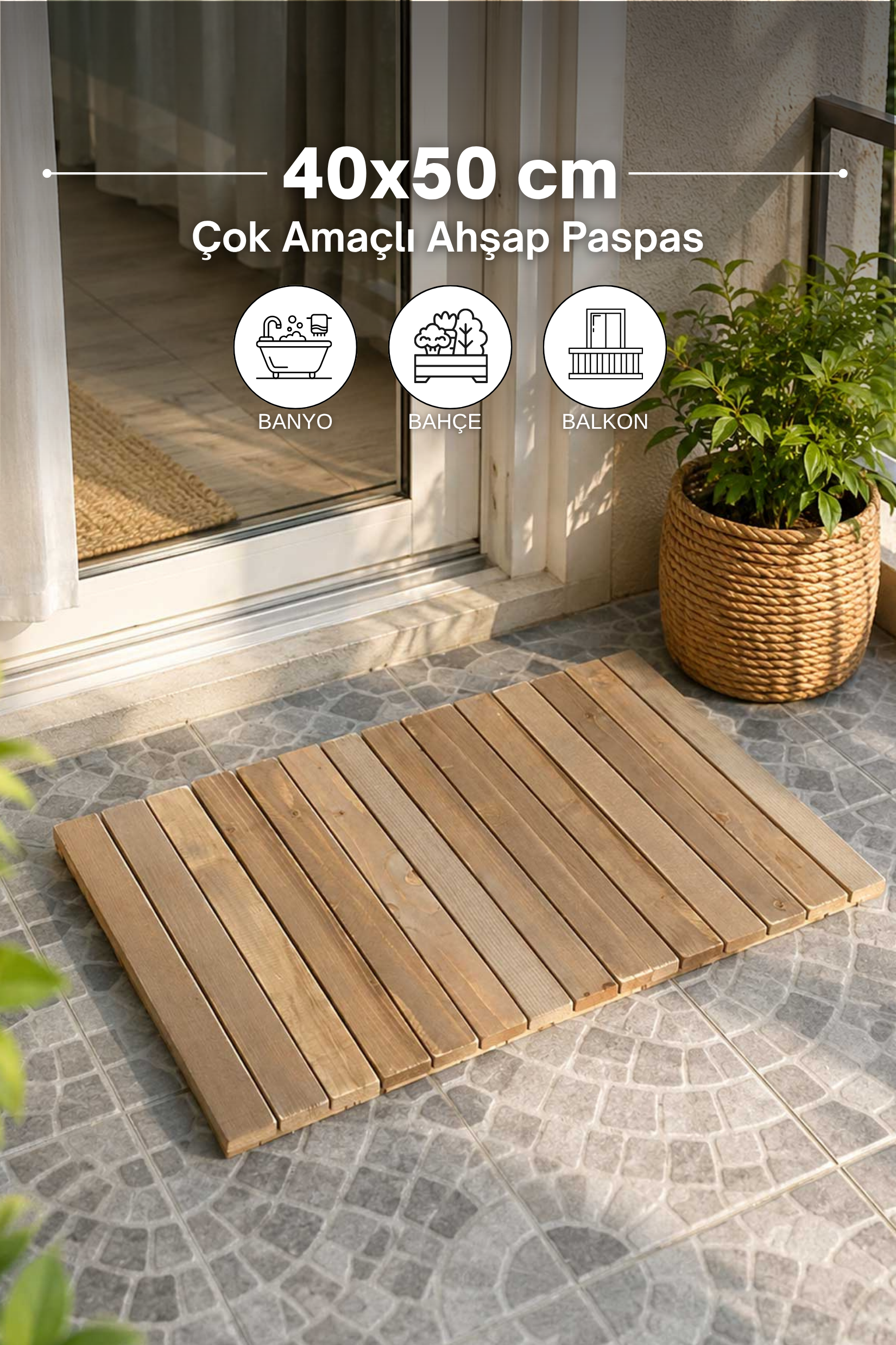 Reyo 40x50cm Ahşap İpli Banyo Paspası, Bahçe Balkon Paspası   