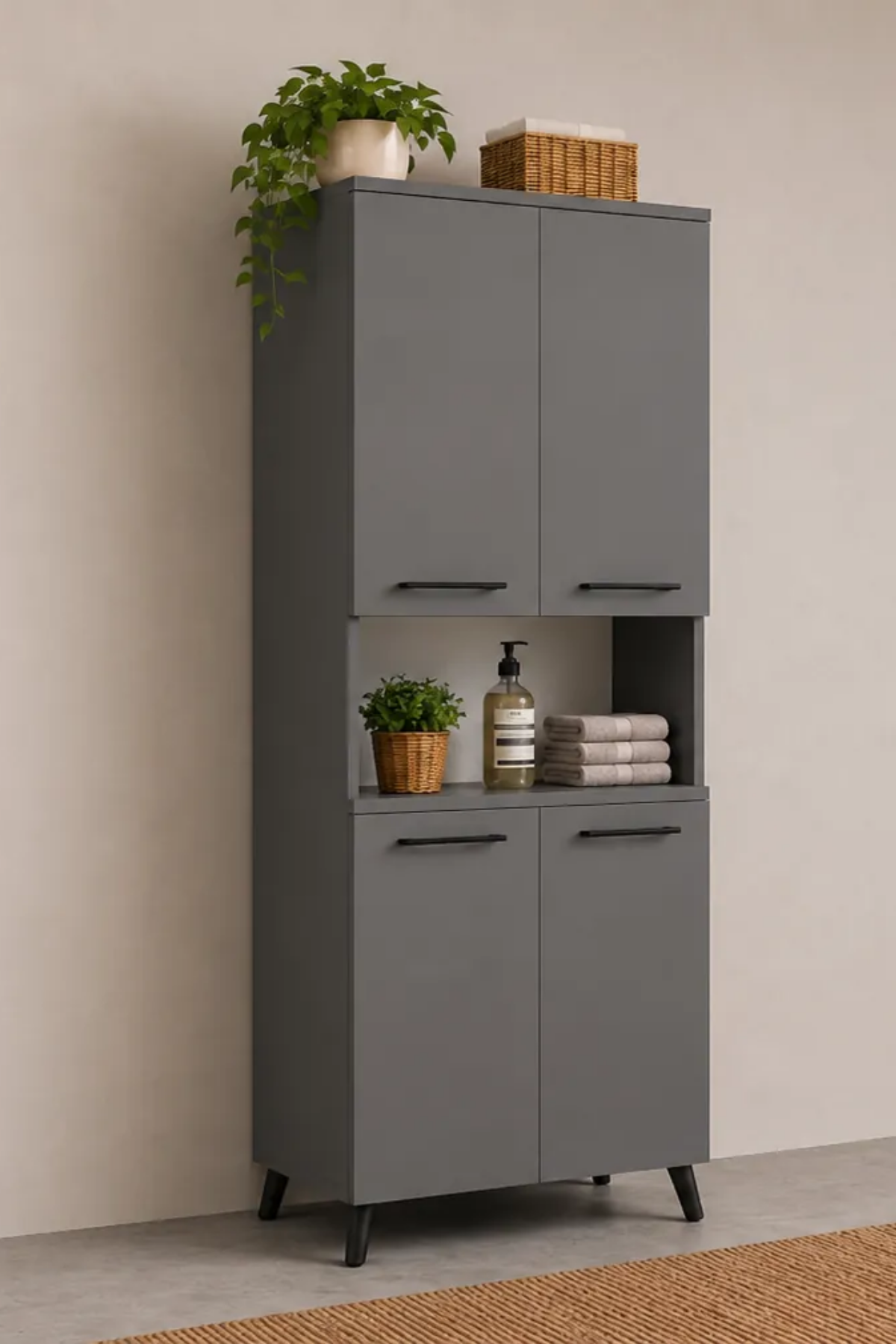 Enda Home Listra 4 Kapaklı Çok Amaçlı Dolap 170,8 cm,  Raflı, Ayaklı Depolama Dolabı - Antrasit