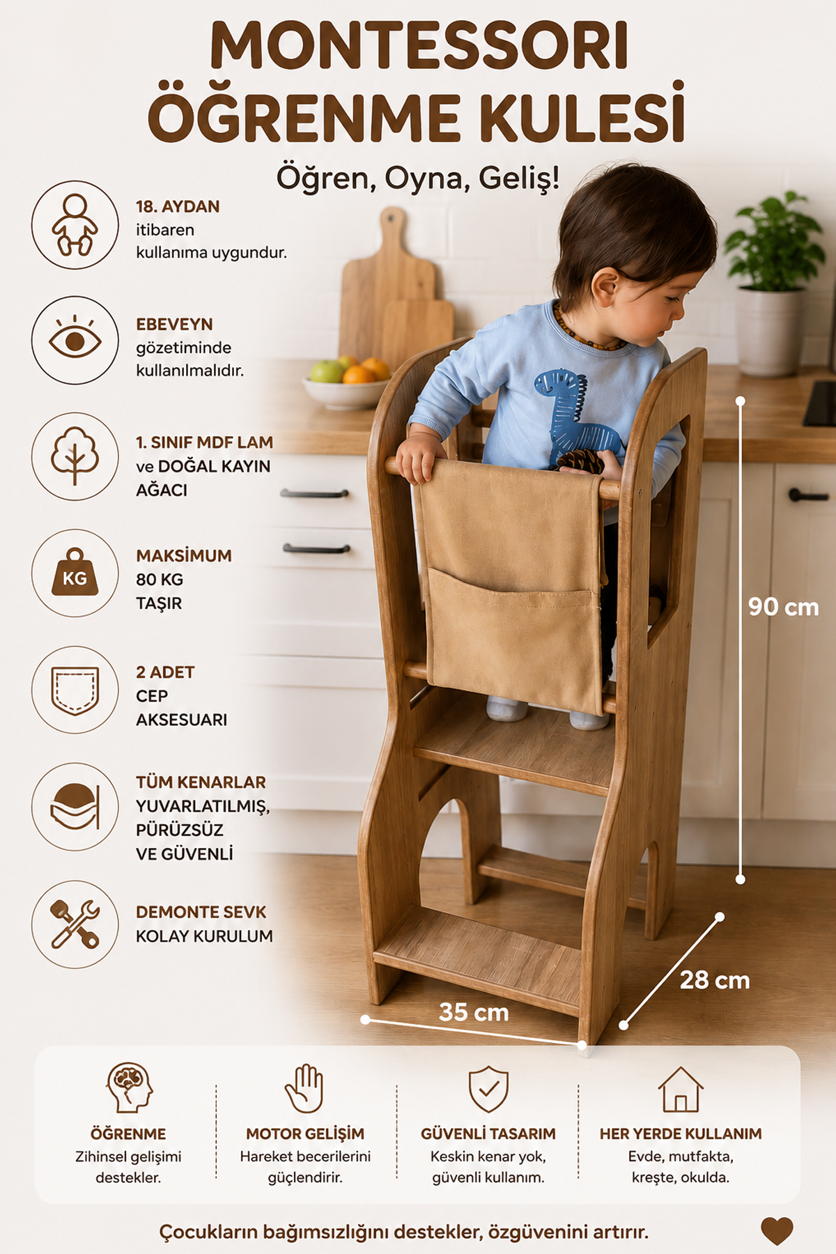 Reyo Öğrenme Kulesi, Montessori Tower, Aktivite Basamağı Yükseklik Ayarlı Naturel MDF Bej