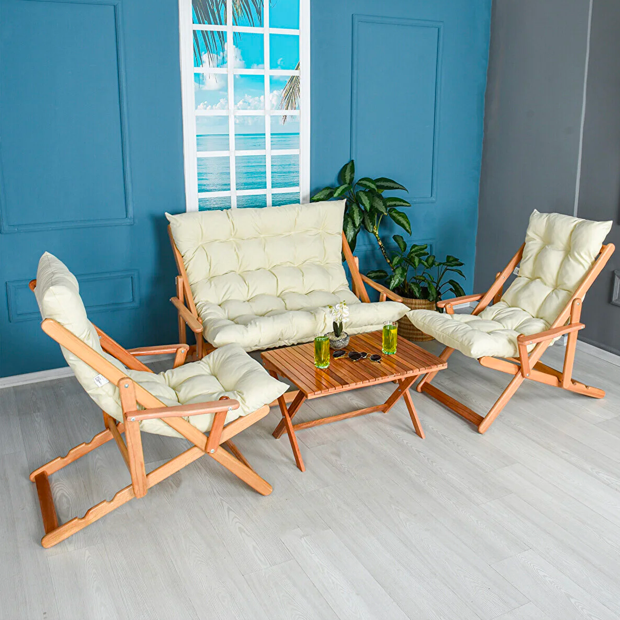 Bysay Ahşap Katlanabilir Taşinir Puf Minderli Kollu Şezlong Plaj Bahçe Teras Balkon Sandalyesi Koltuğu Takimi 4 Lü Set Krem