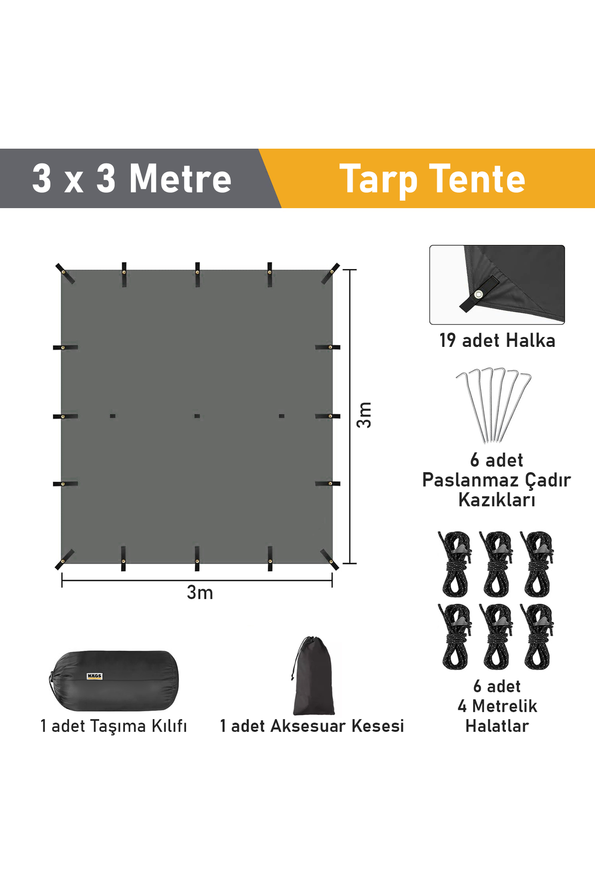 Haegs Su Geçirmez Tarp Tente Gölgelik Örtü, 4 Mevsim Taşınabilir Örtü Branda Çok İşlevli Outdoor Açık Hava Kamp Seyahat Tente Branda Barınak Yağmurluk, Güneşlik Karavan Yan Gölgelik Çadır 300x300 cm Siyah
