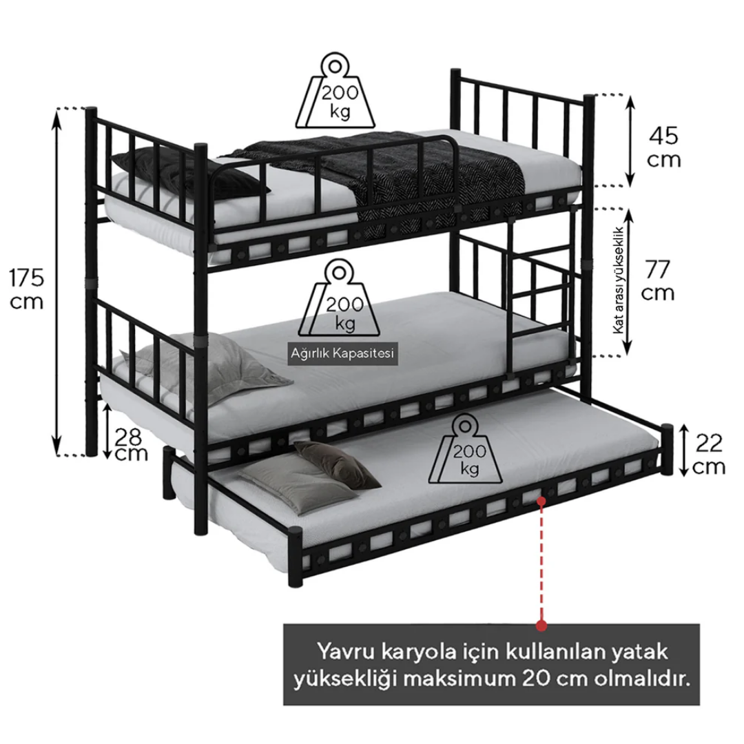 Reyo Zambak Yavrulu Genç Çocuk Odası Metal Siyah Ranza 90x190