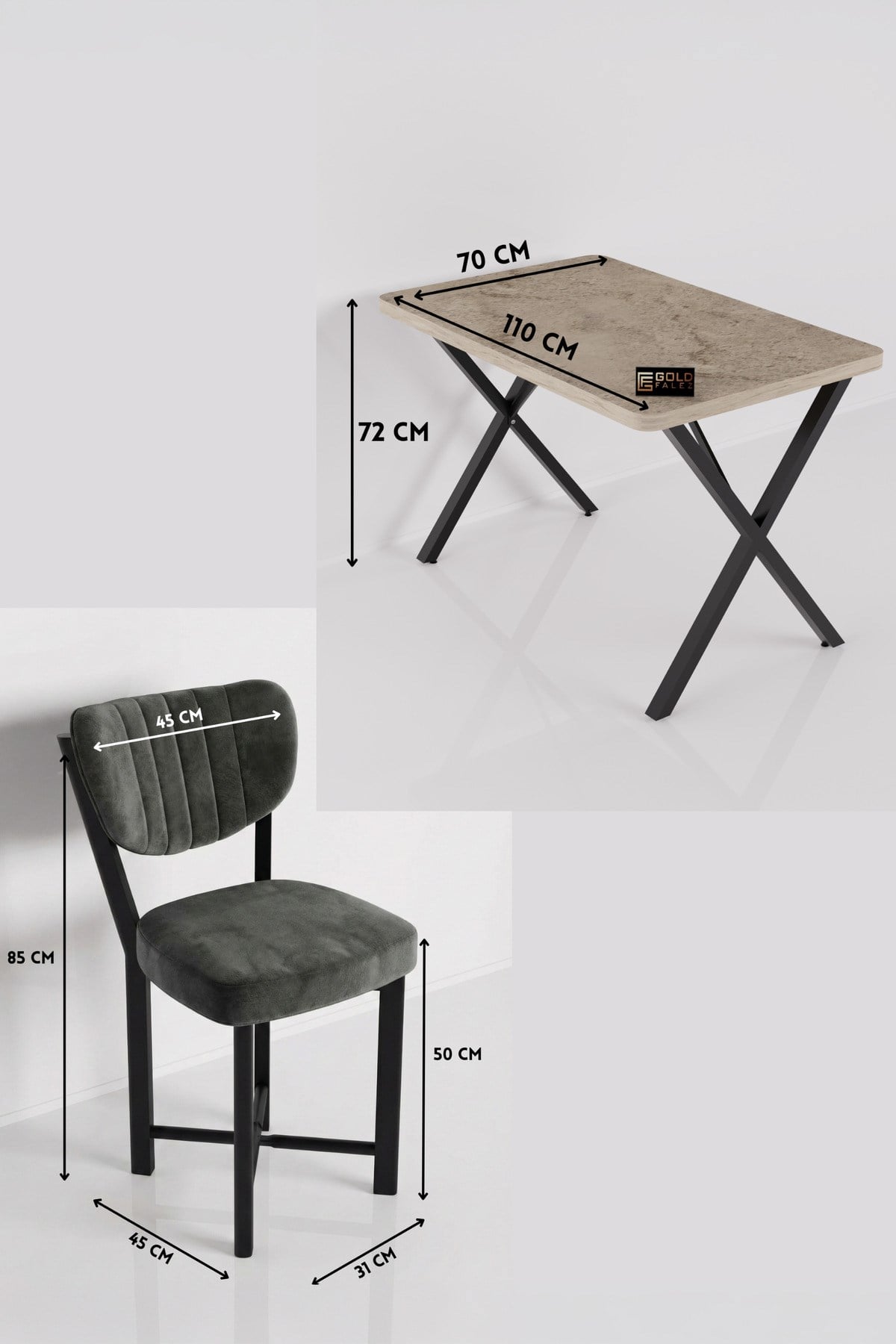 Reyo Falez Elma 110x70 cm Masa Takımı 4 Sandalyeli Modern Mutfak Balkon Kafe Yemek Masası Seti Traverten - Antrasit 9887