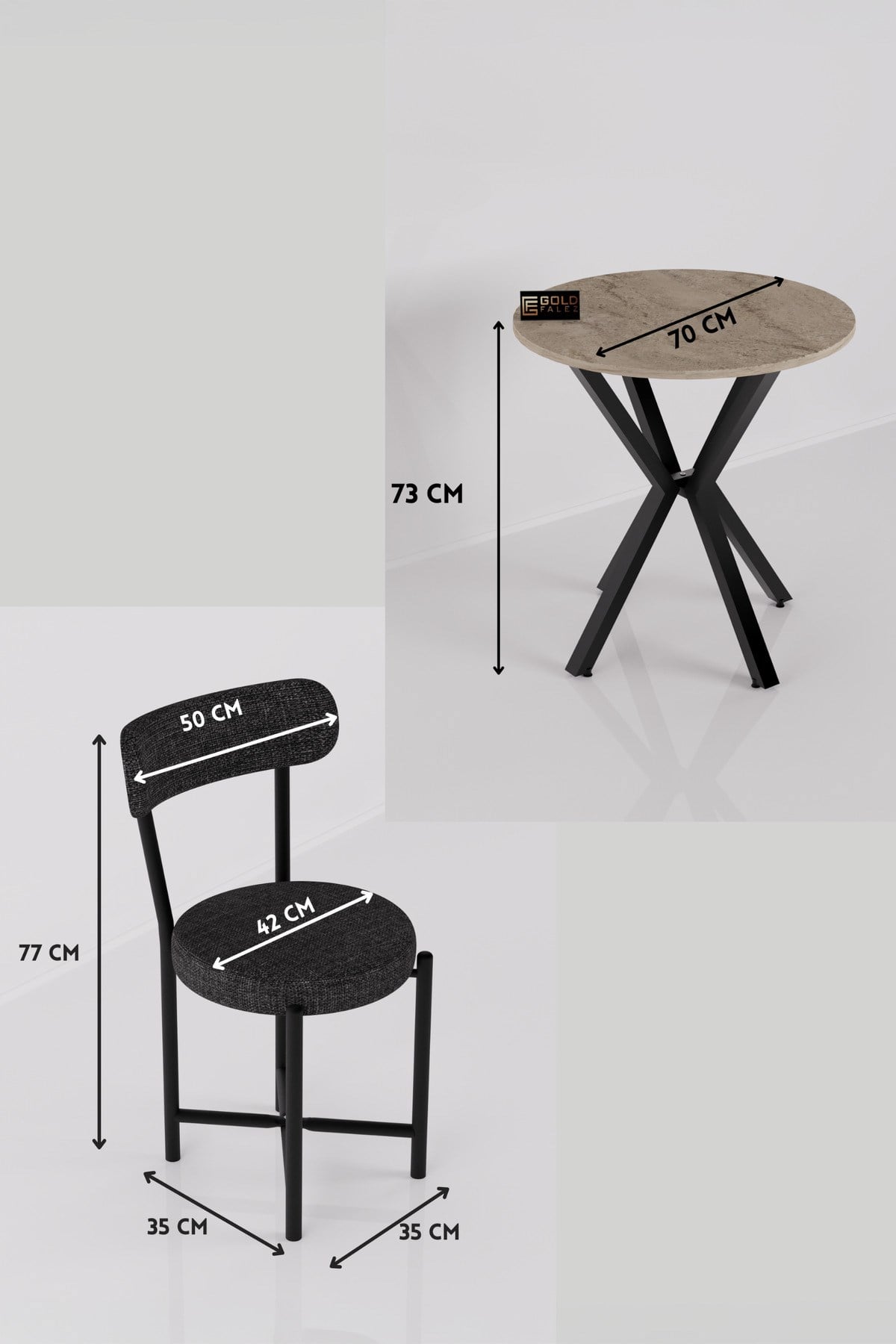 Reyo Falez Teddy 70 cm Yuvarlak Mutfak Masa Takımı 2 Sandalyeli Modern Bahçe Balkon Kafe Seti Traverten - Antrasit 9843