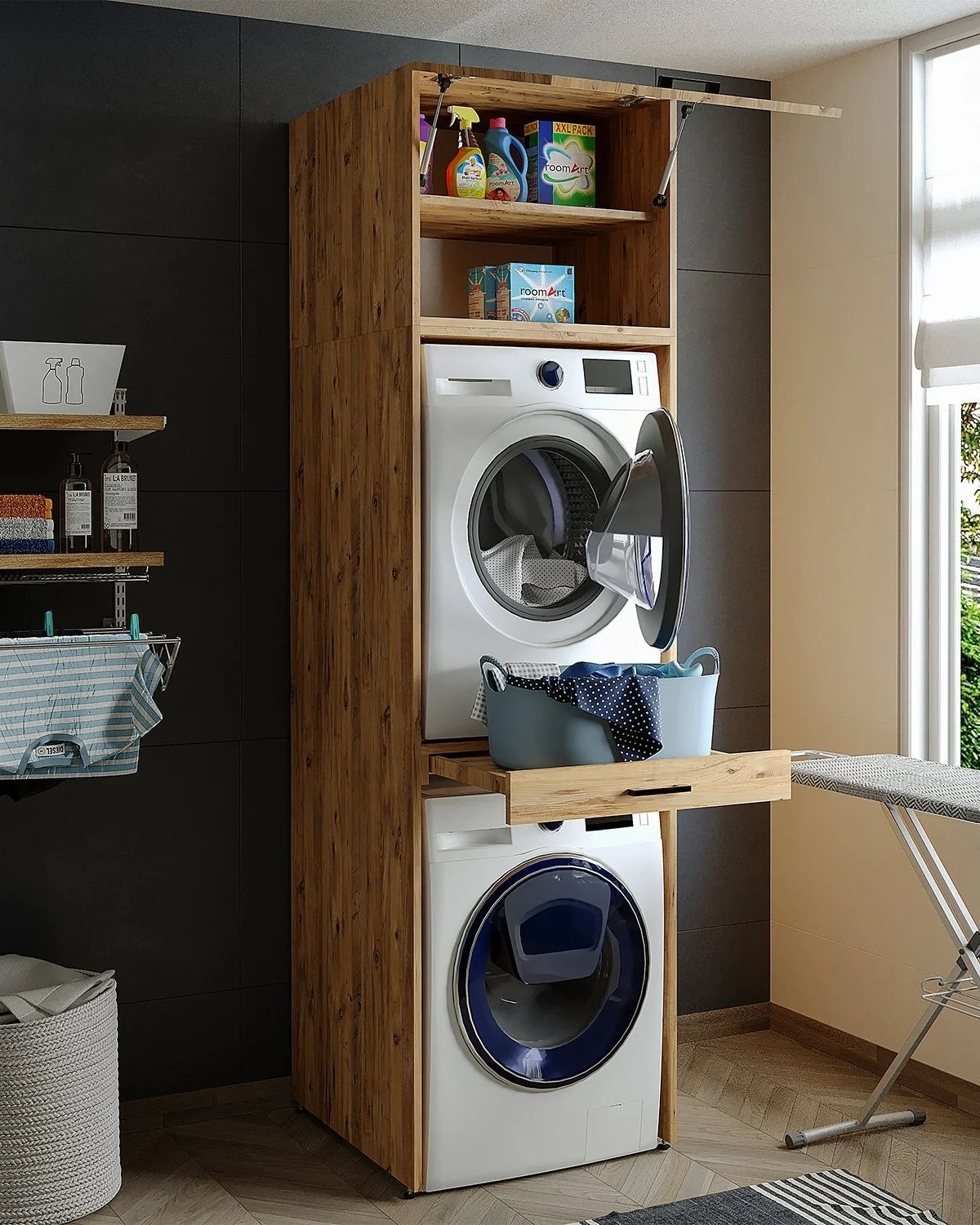 Roomart Çamaşır Ve Kurutma Makinesi Dolabı+üst Dolabı 67x240 Cm Atlantik Çam