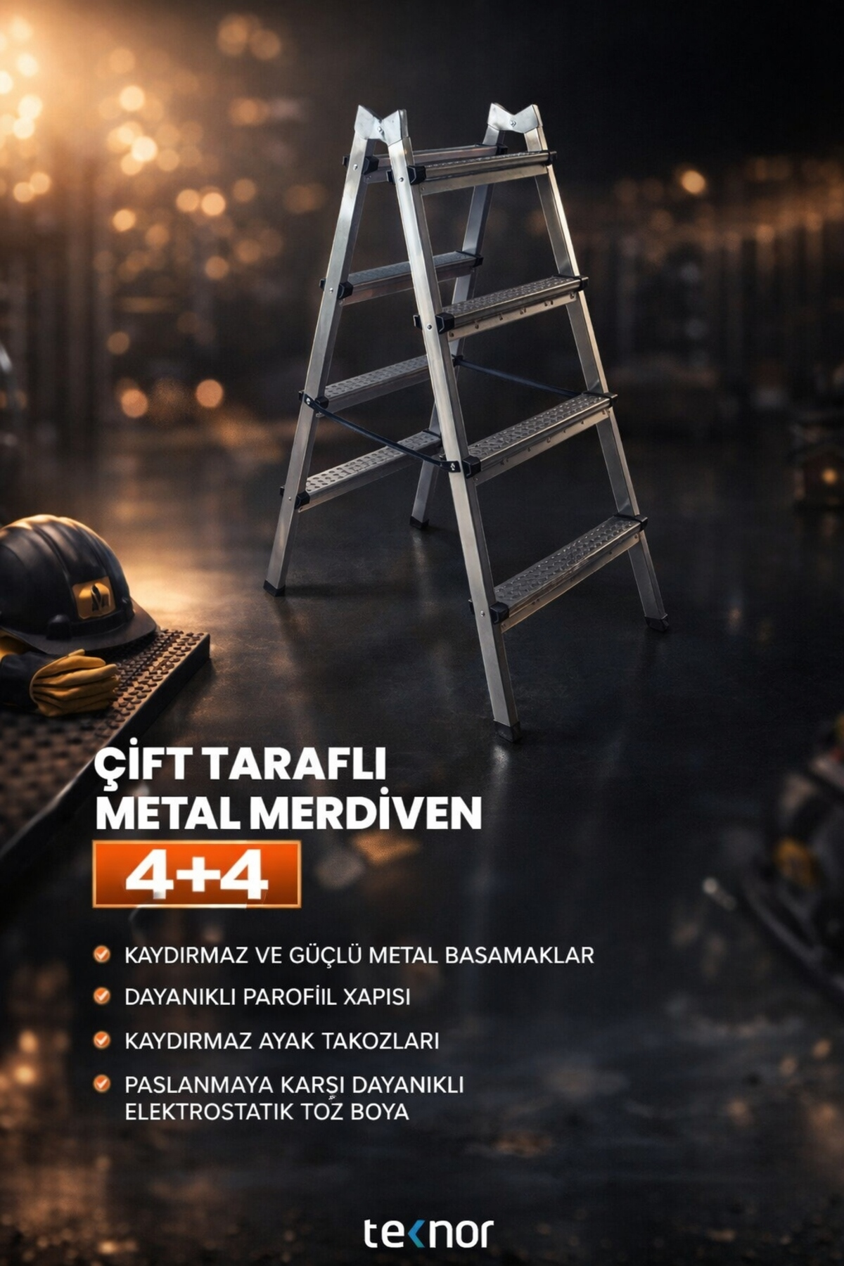 Reyo Kutlu Çift Taraflı Dayanıklı 4+4 Metal Basamaklı Katlanır Merdiven – Kaymaz Basamaklı Ev Tipi Portatif Merdiven