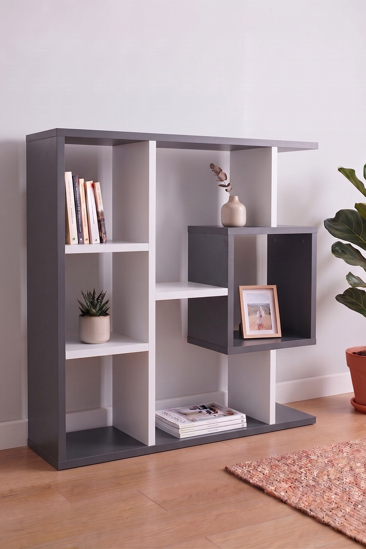 Enda Home Yegane Duvar Rafı, Duvar Kitaplığı, Dekoratif Kitaplık, Modern Kitaplık, Zeminde veya Duvarda Kullanıma Uygun Beyaz - Antrasit