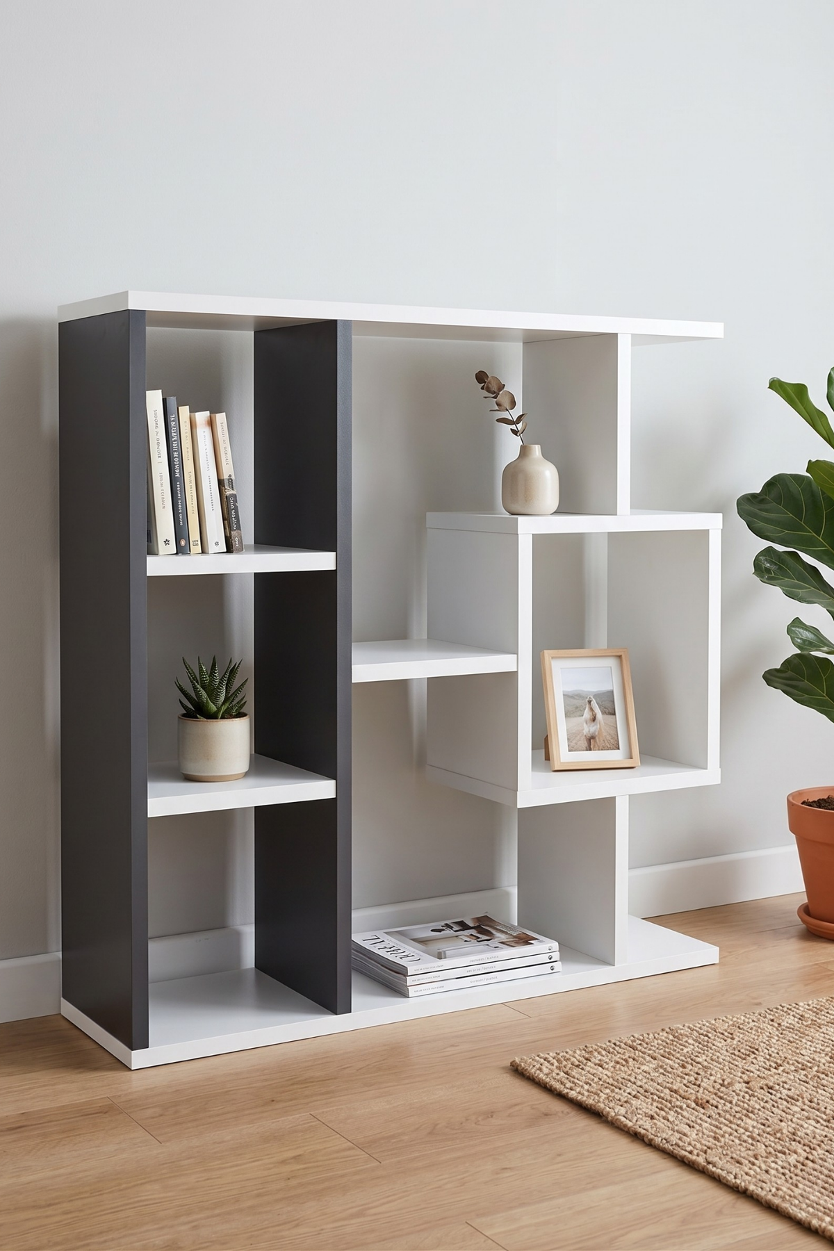 Enda Home Yegane Duvar Rafı, Duvar Kitaplığı, Dekoratif Kitaplık, Modern Kitaplık, Zeminde veya Duvarda Kullanıma Uygun Antrasit - Beyaz