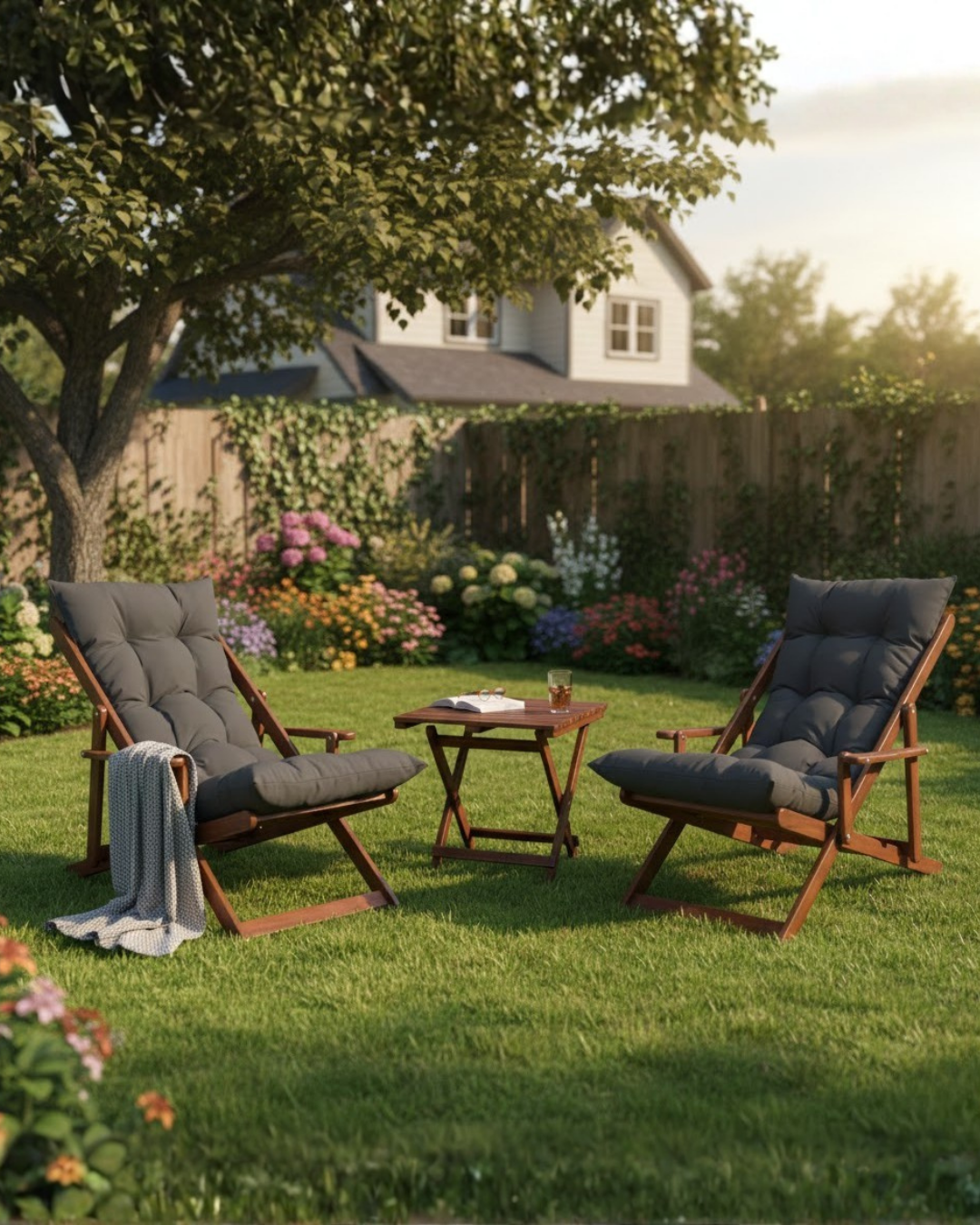 Bysay Ahşap Katlanabilir Taşınır Puf Minderli Kollu Kademeli Şezlong Plaj, Bahçe Şezlong 3lü Set Ceviz-Antrasit