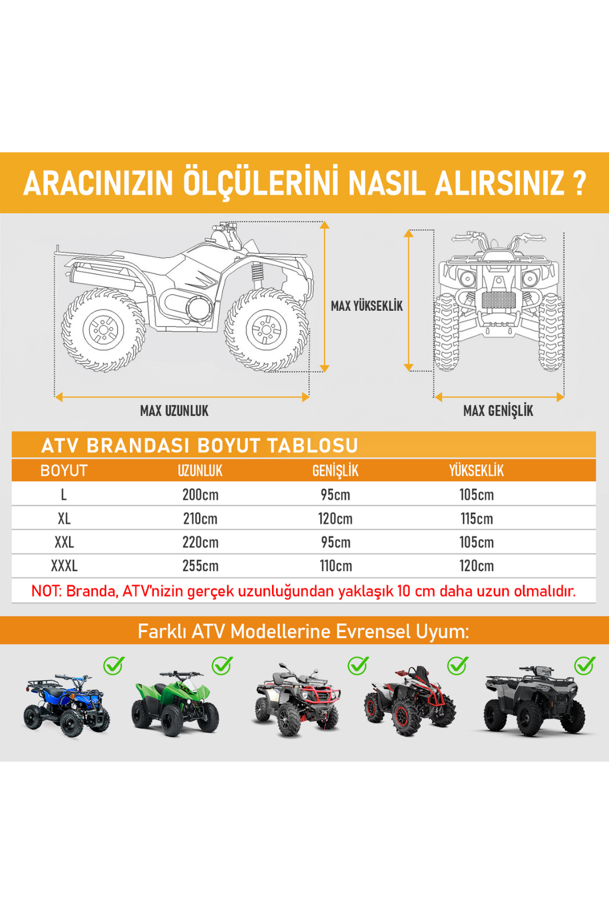 Haegs ATV Brandası, ATV Koruma Kılıfı, Örtüsü Su Geçirmez Dış Mekan Ağır Hizmet Tipi, 4 Mevsim (L-200-95-105cm) - Siyah