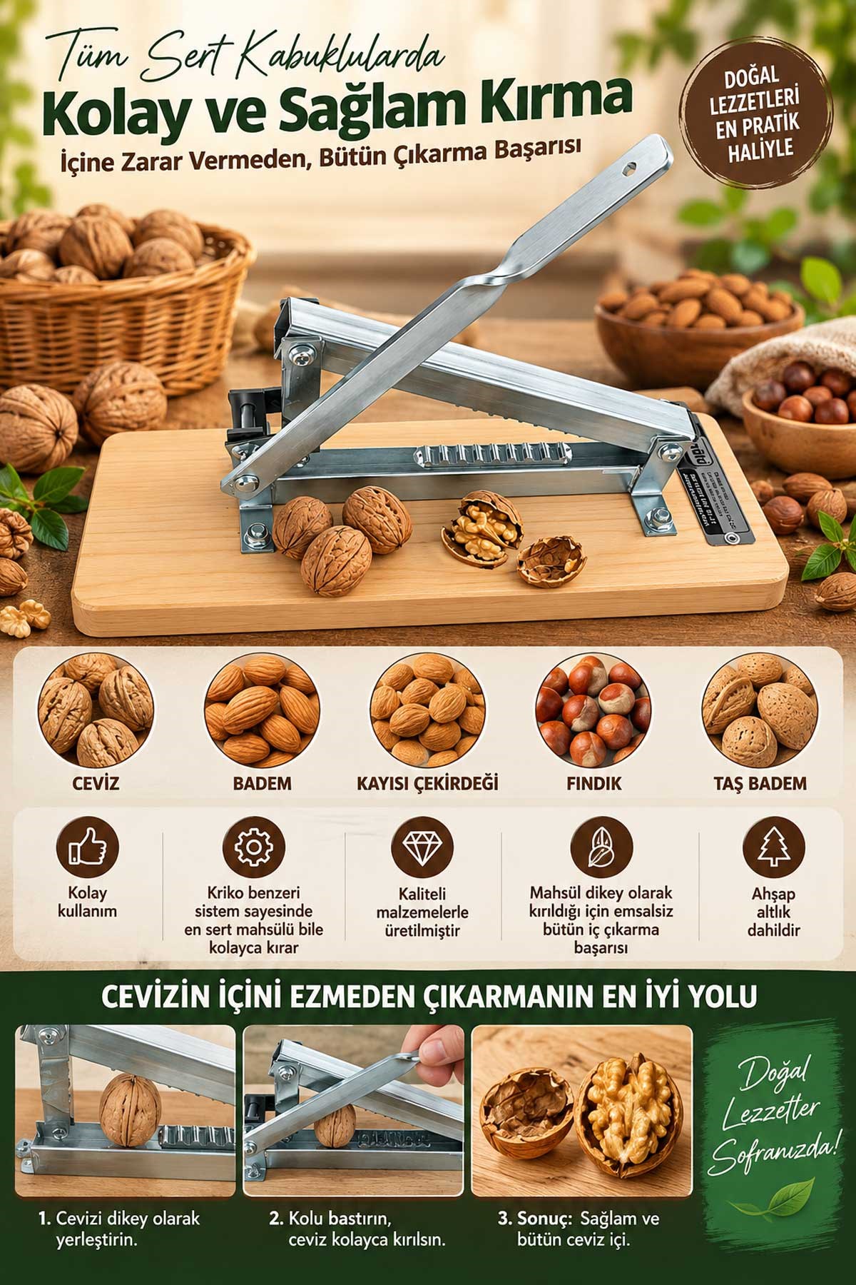 Kadıoğlu C1 Ceviz, Badem, Fındık, Kayısı Çekirdeği Kırma Aleti (Hassas-Dikey Kırma) (Ahşap Altlık Dahildir)
