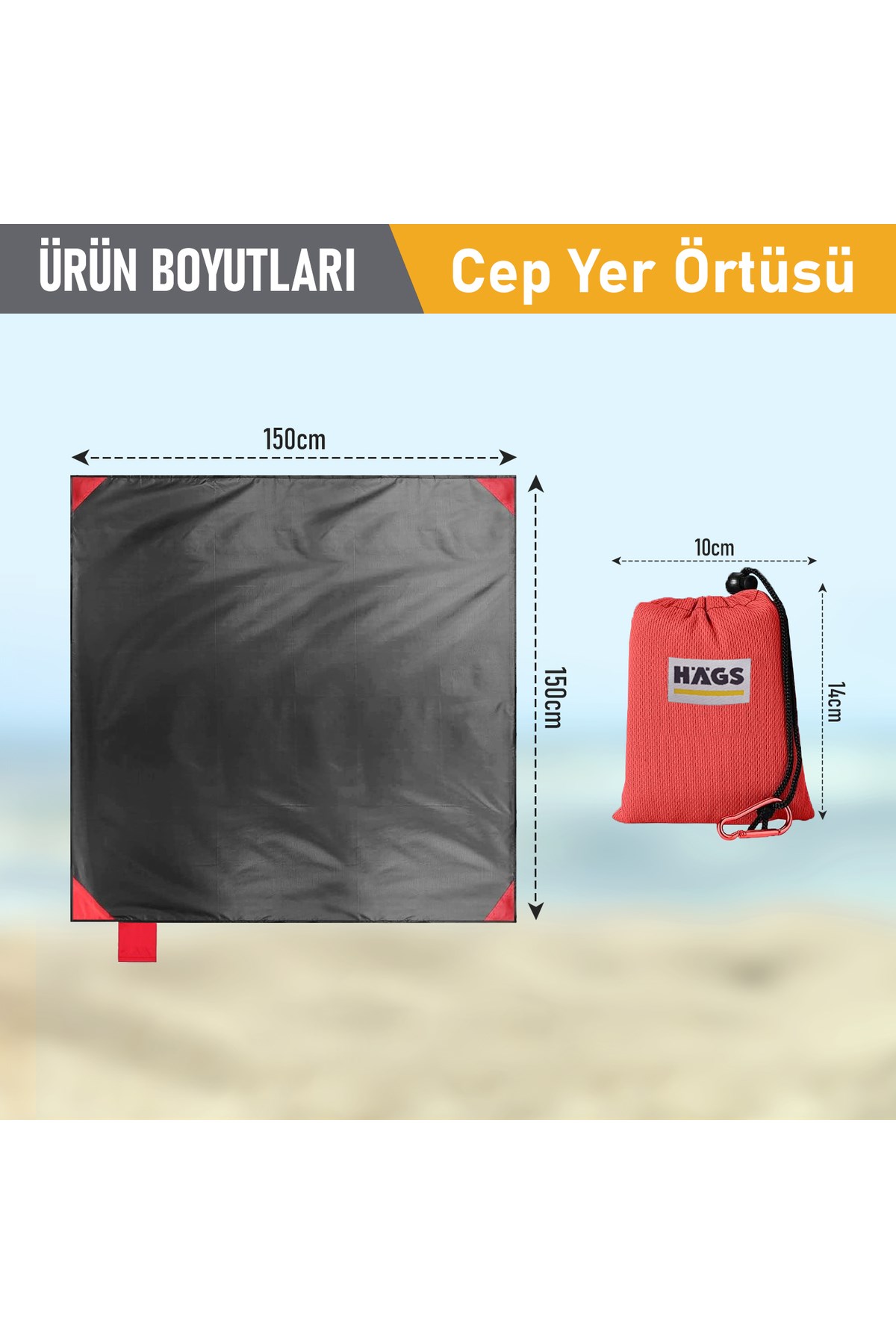 Haegs Cep Yer Örtüsü, Piknik Örtüsü Kamp Matı, Plaj Yer Örtüsü, Su Geçirmez, Kum Tutmaz, Hızlı Kurur, Hafif, Katlanabilir İnce Zemin Örtüsü Outdoor Açık Hava Kamp Yürüyüş Seyahat için - El Askılı - 150-150cm - Kırmızı