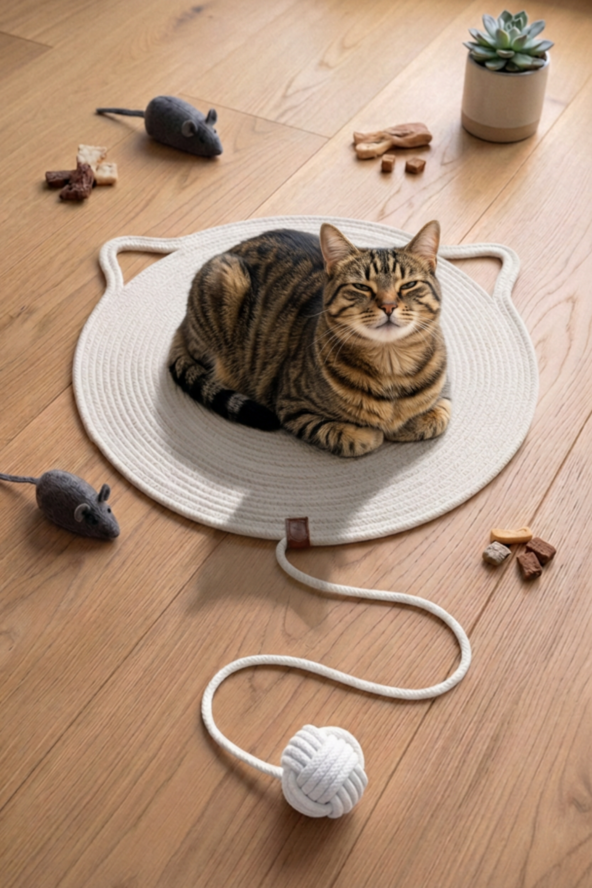 Reyo Pet El Yapımı Oyuncaklı Kedi Tırmalama Matı %100 Pamuk İpli Beyaz