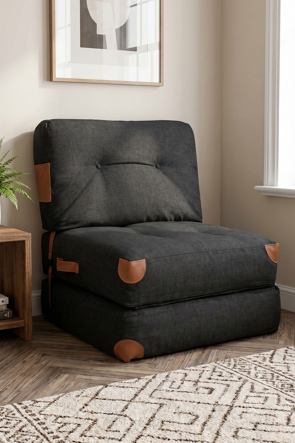 Pufymax Comfy Yeni Nesil Bohem Tekli Koltuk Yatak Olabilen Katlanır Berjer & Modüler Yer Yatağı 75x75x 85 cm Keten Siyah