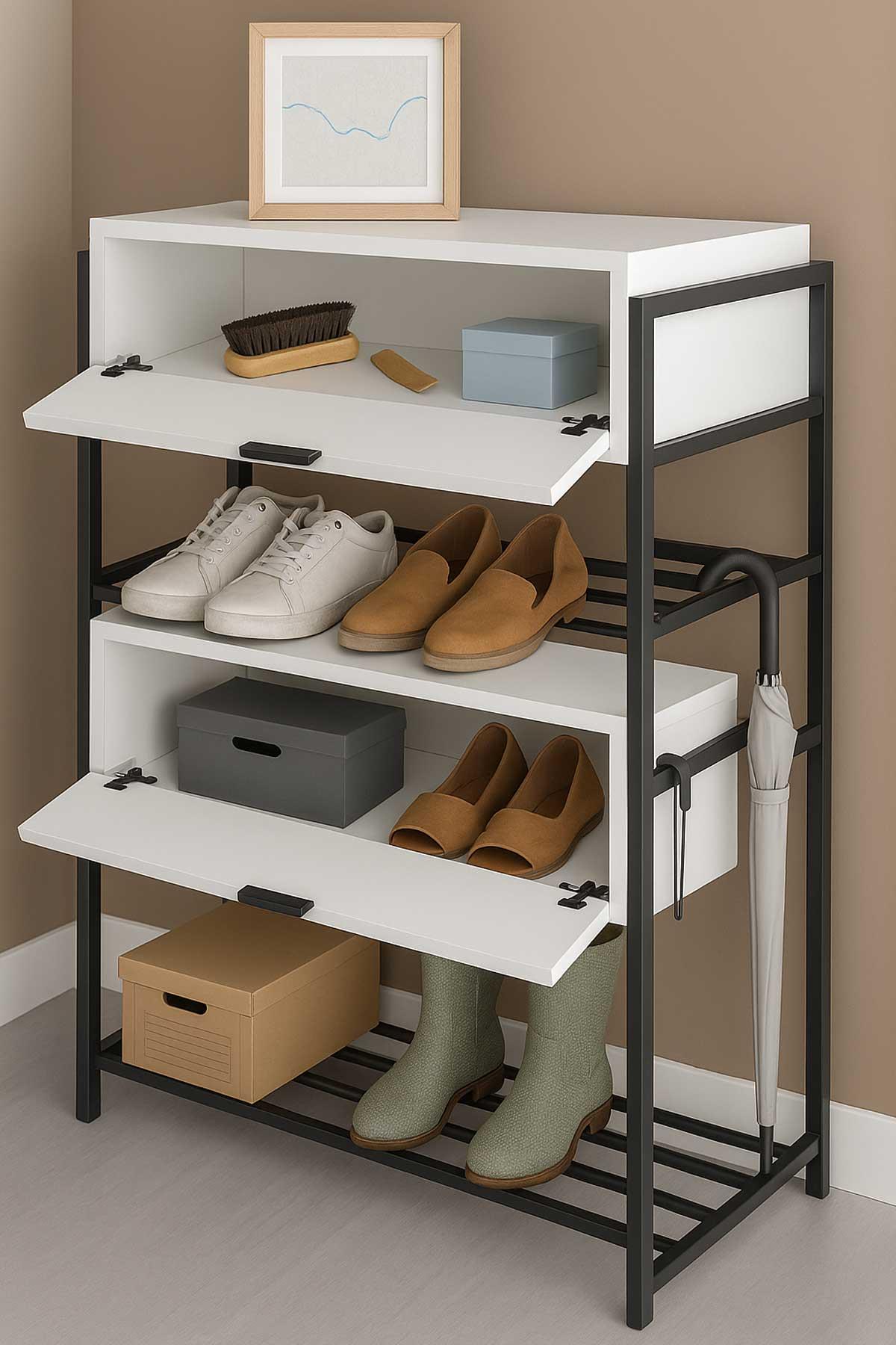 Reyo Falez Ayakkabılık Ahşap 2 Kapaklı Metal Raflı 4 Katlı Çok Amaçlı Raf Dolap Beyaz