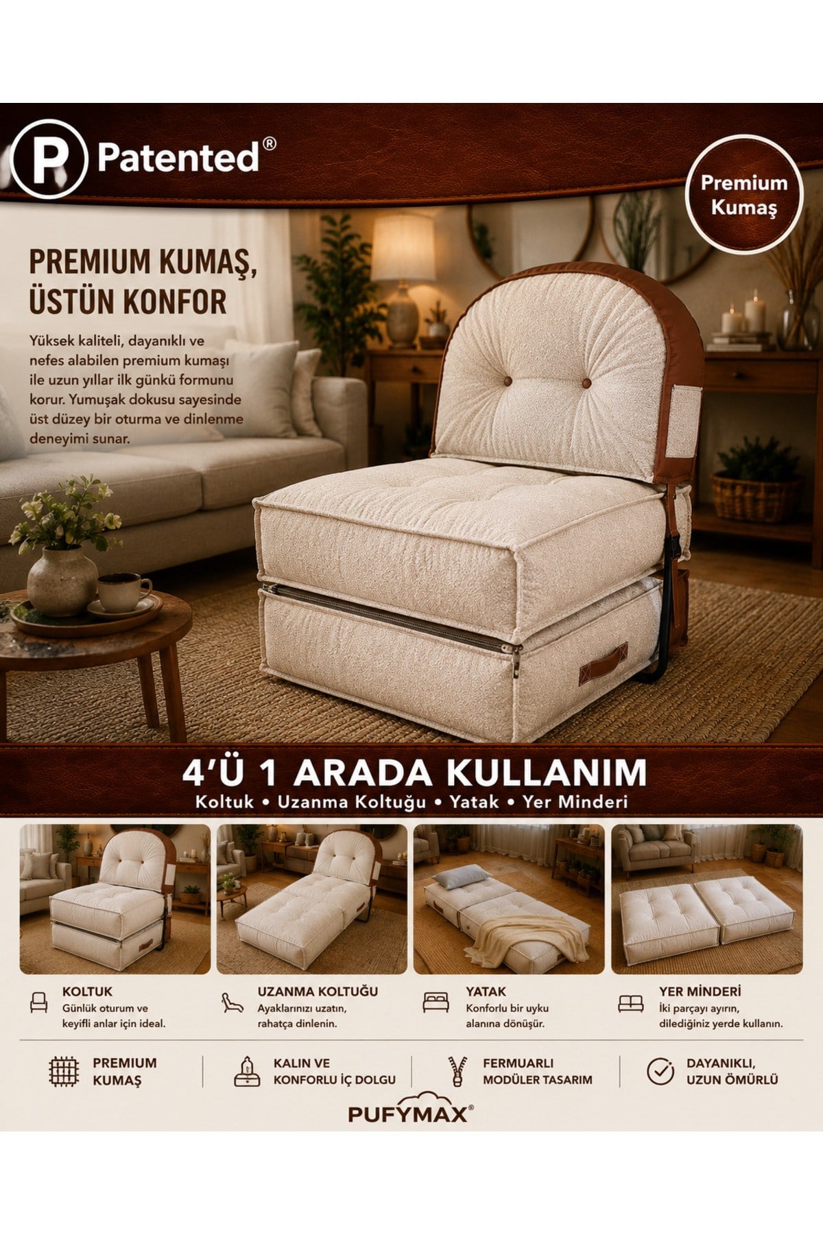 Pufymax Comfy Zen Oval Bohem Tekli Koltuk Yatak Olabilen Katlanır Berjer & Modüler Yer Yatağı 75x75x 90 cm Ekru
