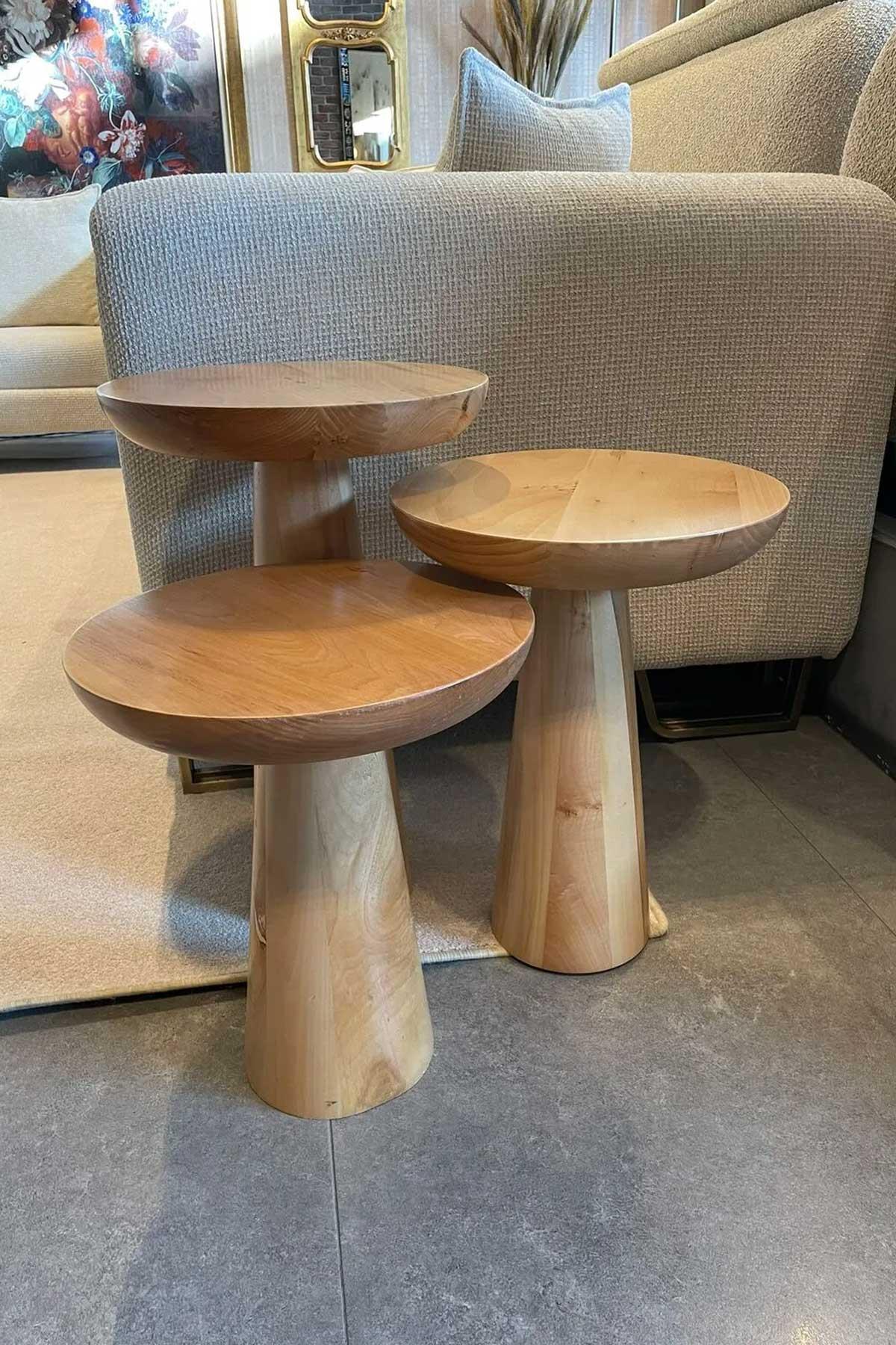 Reyo 3'lü Mushroom Zigon Sehpa Naturel Ahşap Ihlamur Ağacı Mantar Sehpa