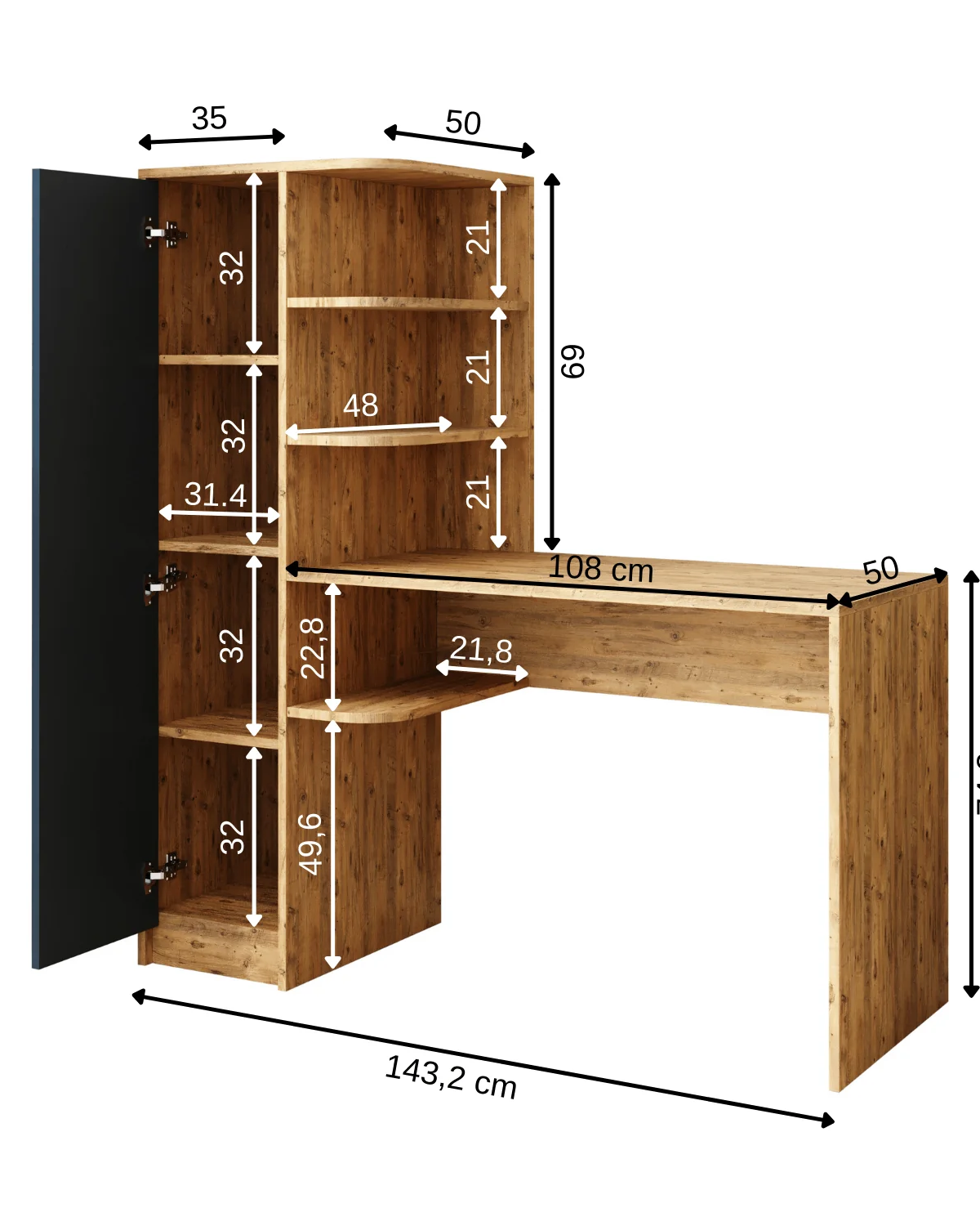 Roomart Raflı Çalışma Masası, Çalışma Ofis Masası Sol Dolaplı Atlantik Çam - Antrasit