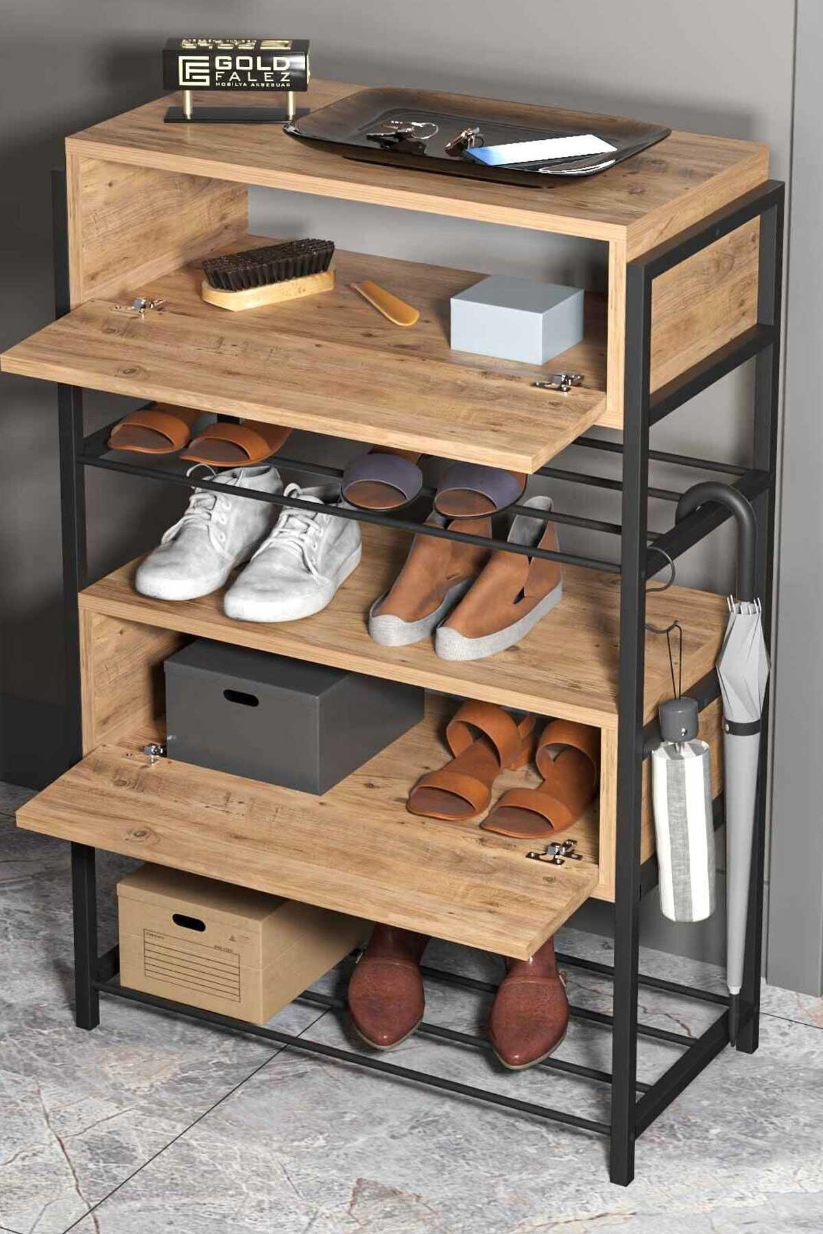 Reyo Falez Ayakkabılık Ahşap 2 Kapaklı Metal Raflı 4 Katlı Çok Amaçlı Atlantik Çam