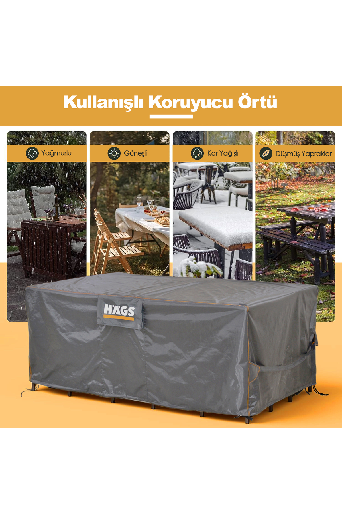 Haegs Bahçe Mobilyası Örtüsü, 180-120-74cm, Ağır Hizmet Oxford Kumaş, Su Geçirmez, Dış Mekan Veranda Masa Örtüsü, Havalandırmalı Masa ve Sandalye Koruma Kılıfı - Gri
