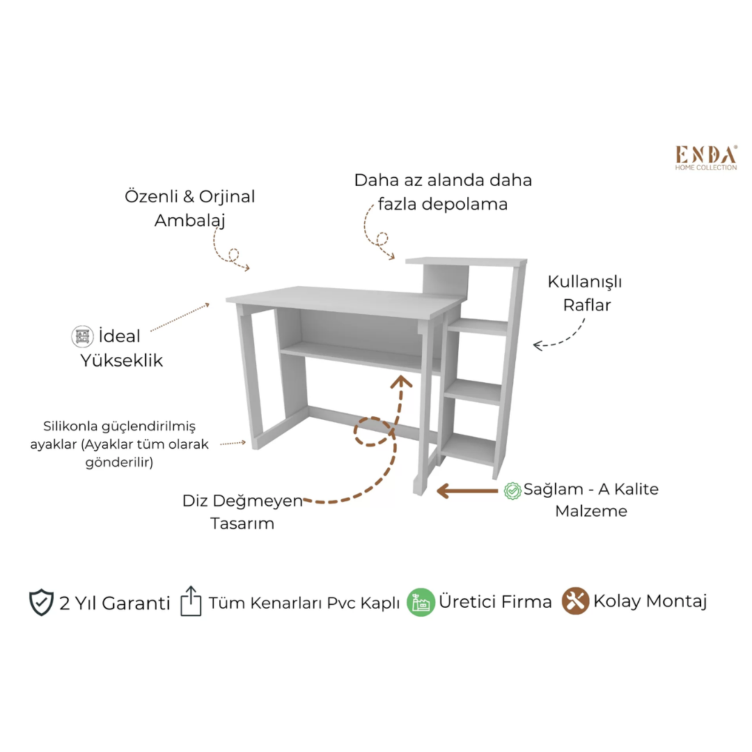 Enda Home SAYE 5 Raflı Kitaplıklı Çalışma Masası Beyaz