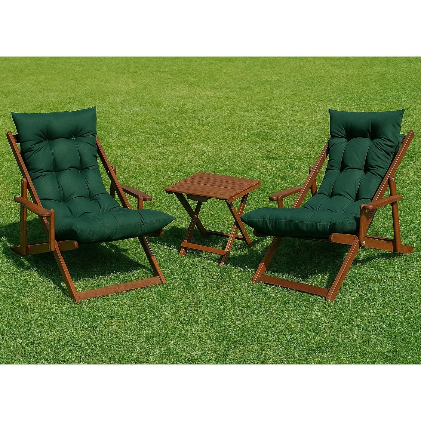 Bysay Ahşap Katlanabilir Taşınır Puf Minderli Kollu Kademeli Şezlong Plaj, Bahçe Şezlong 3lü Set Ceviz-Yeşil