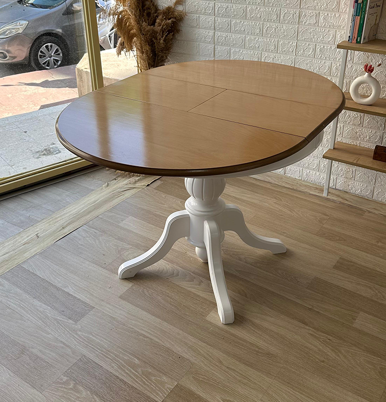 Reyo 90cm Açılır Yuvarlak Baba Ayaklı Masa Beyaz-Naturel