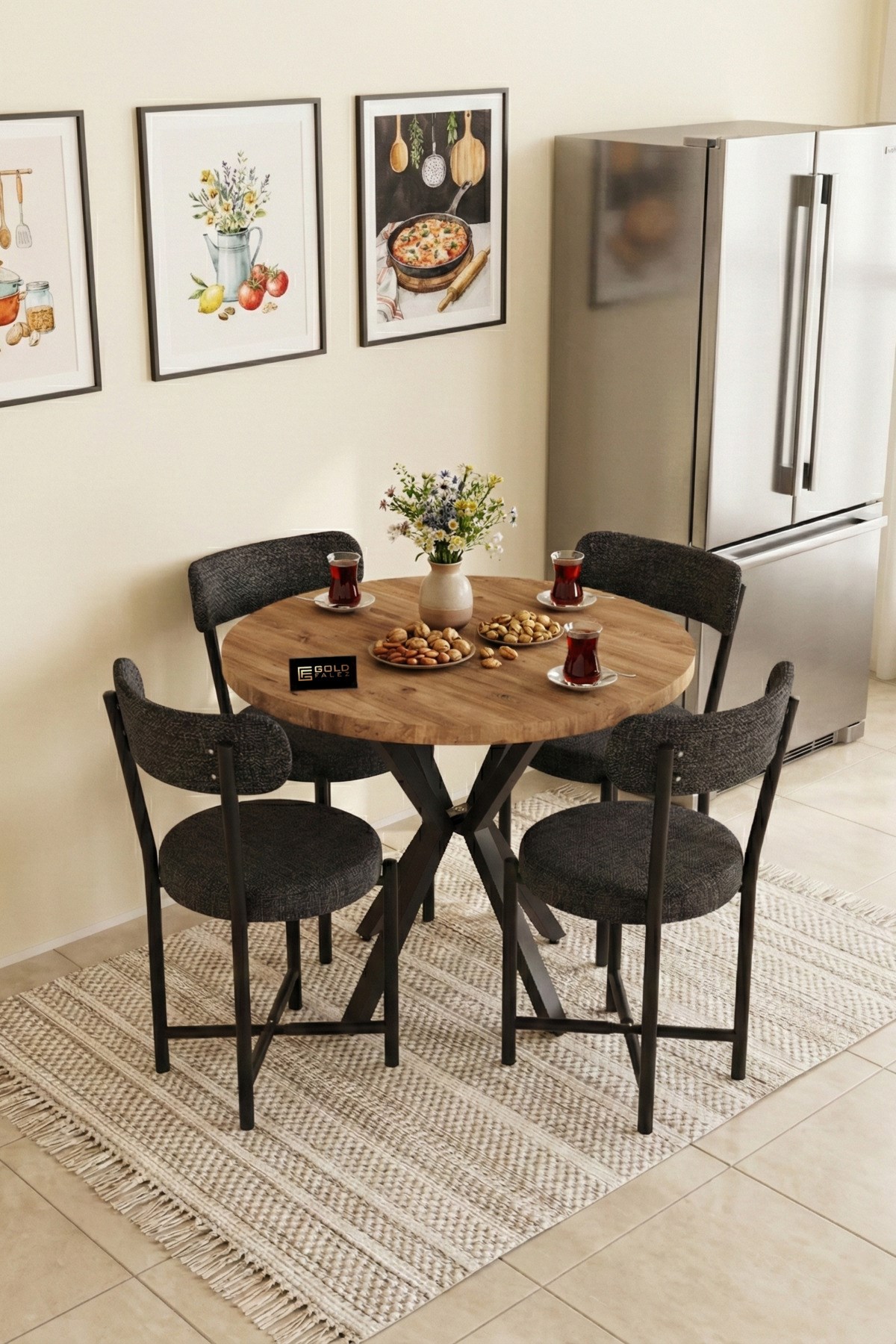Reyo Falez Teddy 90 cm Yuvarlak Masa Takımı 4 Sandalyeli Modern Mutfak Balkon Kafe Yemek Masası Seti Antrasit 9861