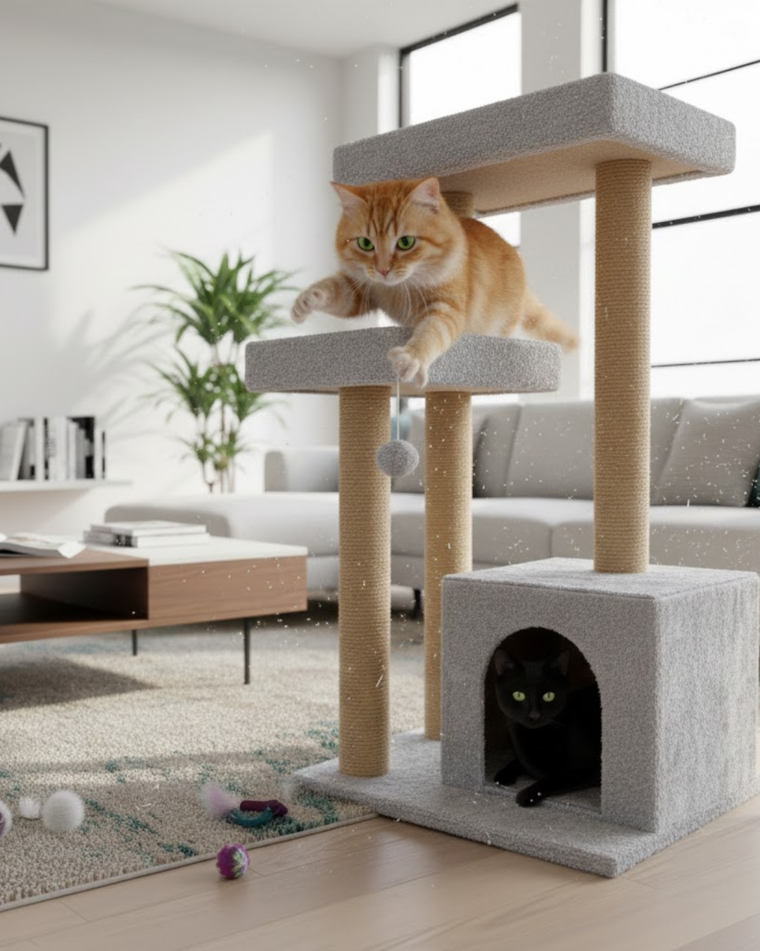 Reyo Pet Kulübeli Çift Teraslı Kedi Tırmalaması Gri