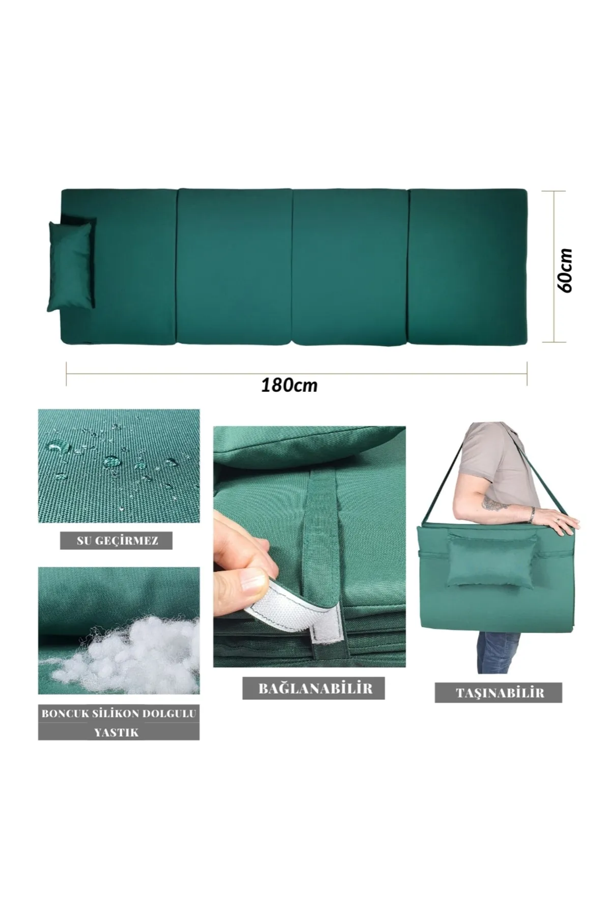 Bysay Ahşap Katlanabilir Yatar Şezlong 3 Kademe Plaj Yatağı Minder Dahil Ceviz-Turkuaz