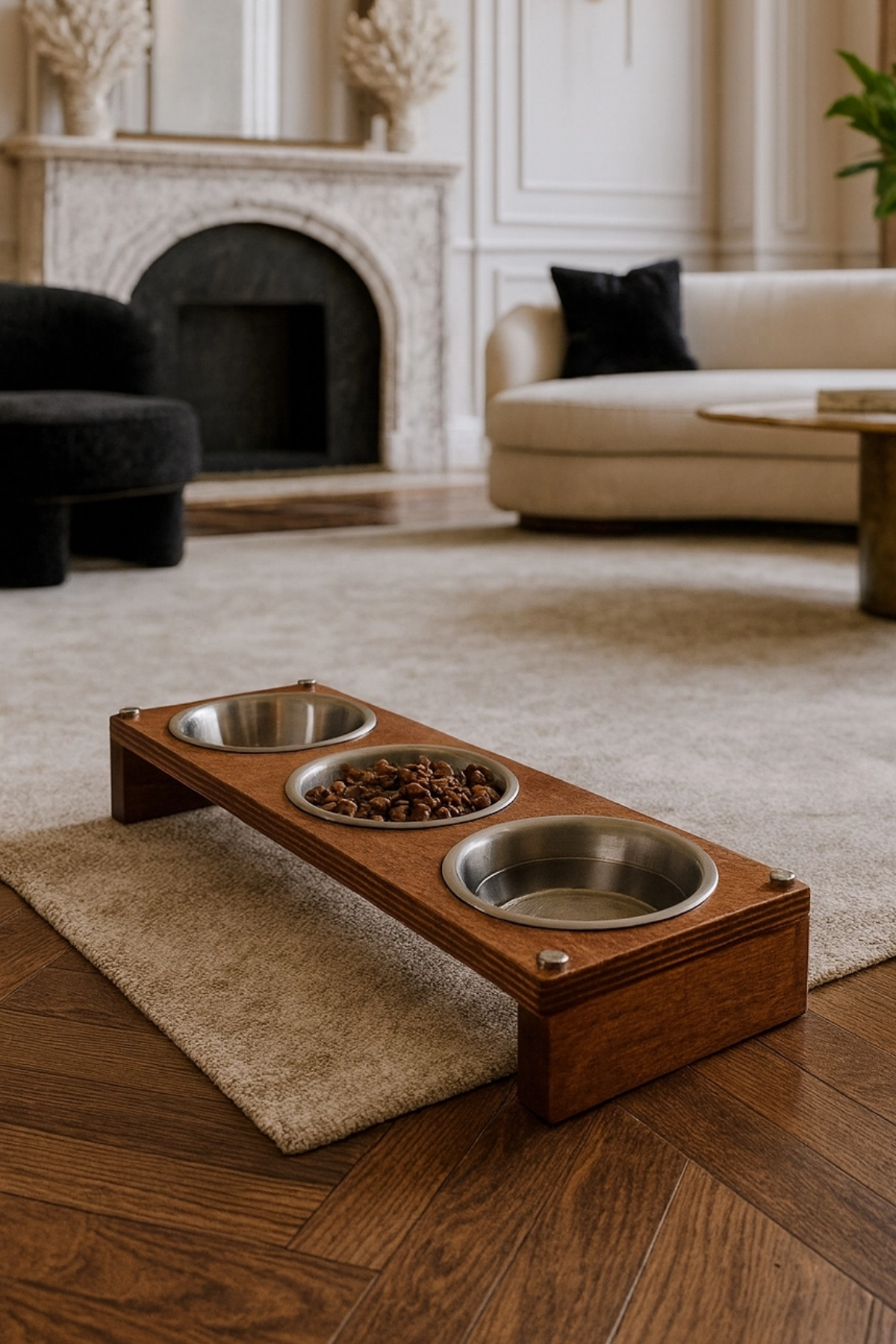 Reyo OK-AY Store Kedi ve Köpekler İçin 3'lü Paslanmaz Çelik Kase ile Ahşap Mama Standı Su Kabı